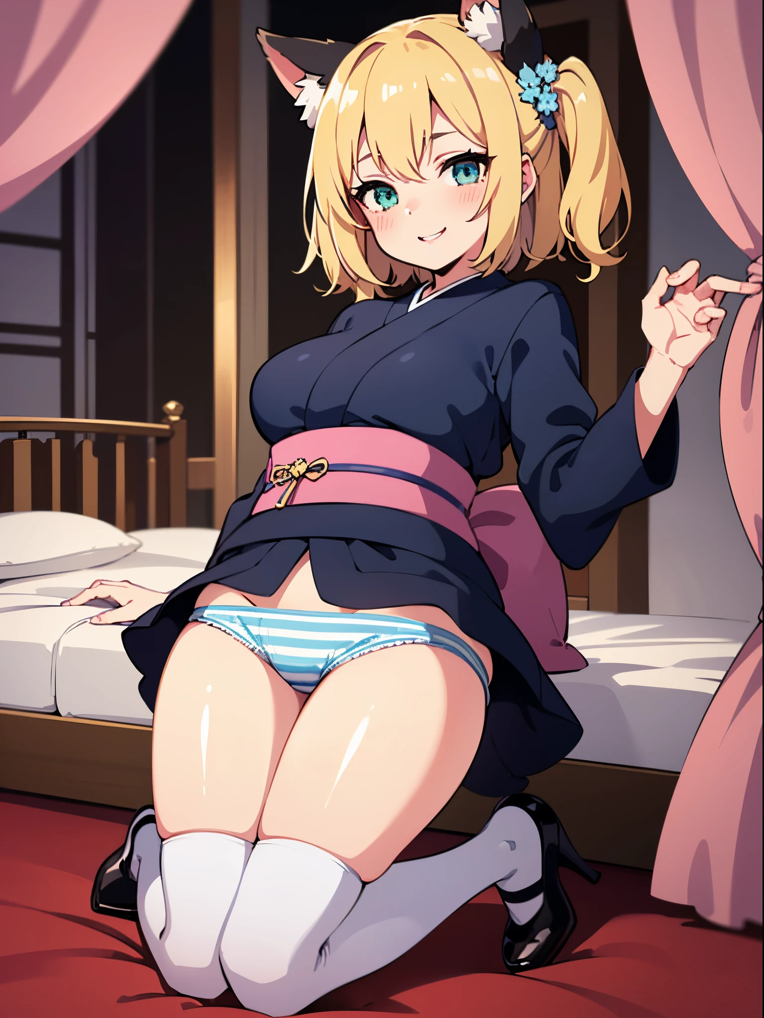 masutepiece, Best Quality,hair flower sketch, flower, Hair Ornament, 1girl in, Animal ears, Blue eyes, white blossoms, Long hair, Solo, Black footwear, Looking at Viewer, blush, Long sleeves, animal ear fluff, Blue hair, Parted lips, Bangs, Komono, Full body, extra ear, Hair intake, Shorts, sash, all-fours, Kimono, hair between eye, Fox ears, masterpiece, super fine illustration, best quality, light particles, ultra-detailed, 8K wallpaper, (bright colors:1.2), solo, ((a )), big breasts, (blonde hair), disheveled hair, short hair, twintail, two side up hair, scrunchie, curly hair, shiny hair, shiny skin, (wearing pale pink and white horizontal striped dress, short sleeve), (frilled miniskirt), (white legwear), ((horizontal striped panty)), (beautiful green eyes, shiny eyes, big eyes), affectionate smile, seductive smile, closed mouth, blush cheeks, (naughty room), (pink bed), (pink pillows), (pink curtain), looking back, get down all fours, nsfw, sunlight, shadow,