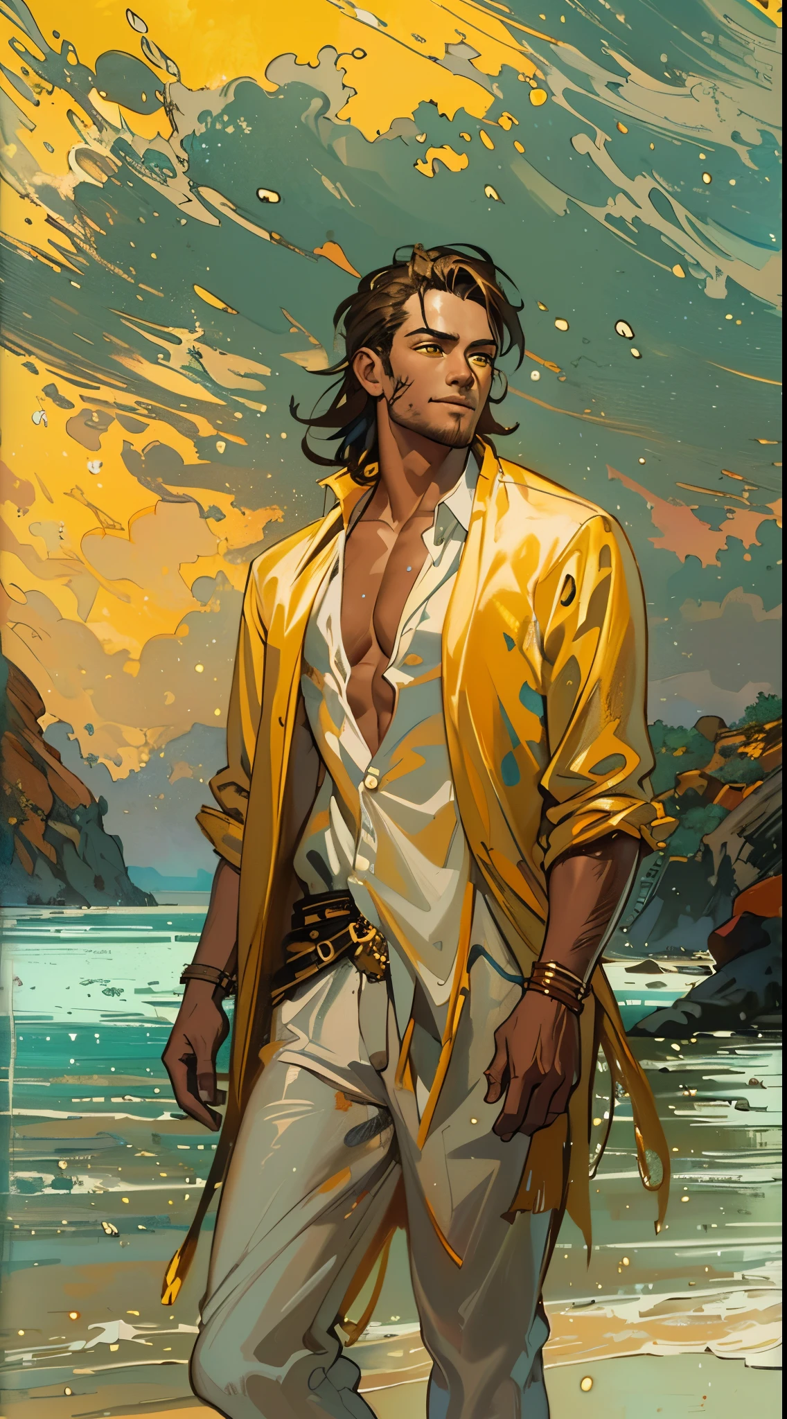 adult man in an unbuttoned shirt and trousers, cloak on the shoulders, neatly dressed, middle aged, tiefling, ((copper skin)), (Yellow eyes:1.3), (dark colored hair, hairlong) ((tropical beach, rest, island, letho), (happy face, ssmile, dreamy, Relaxed). Tropics in the background. fantasy style. reflections, insanely detailed matte painting with rough paint strokes and textures;, by Pino Daeni, by Jeremy Mann, meat_Griffiths, 16K resolution, oil on canvas, visual art, Super Dramatic Light, sharp-focus, emotional, minimalist background, Incoplei, in the style of Mark Demsteder