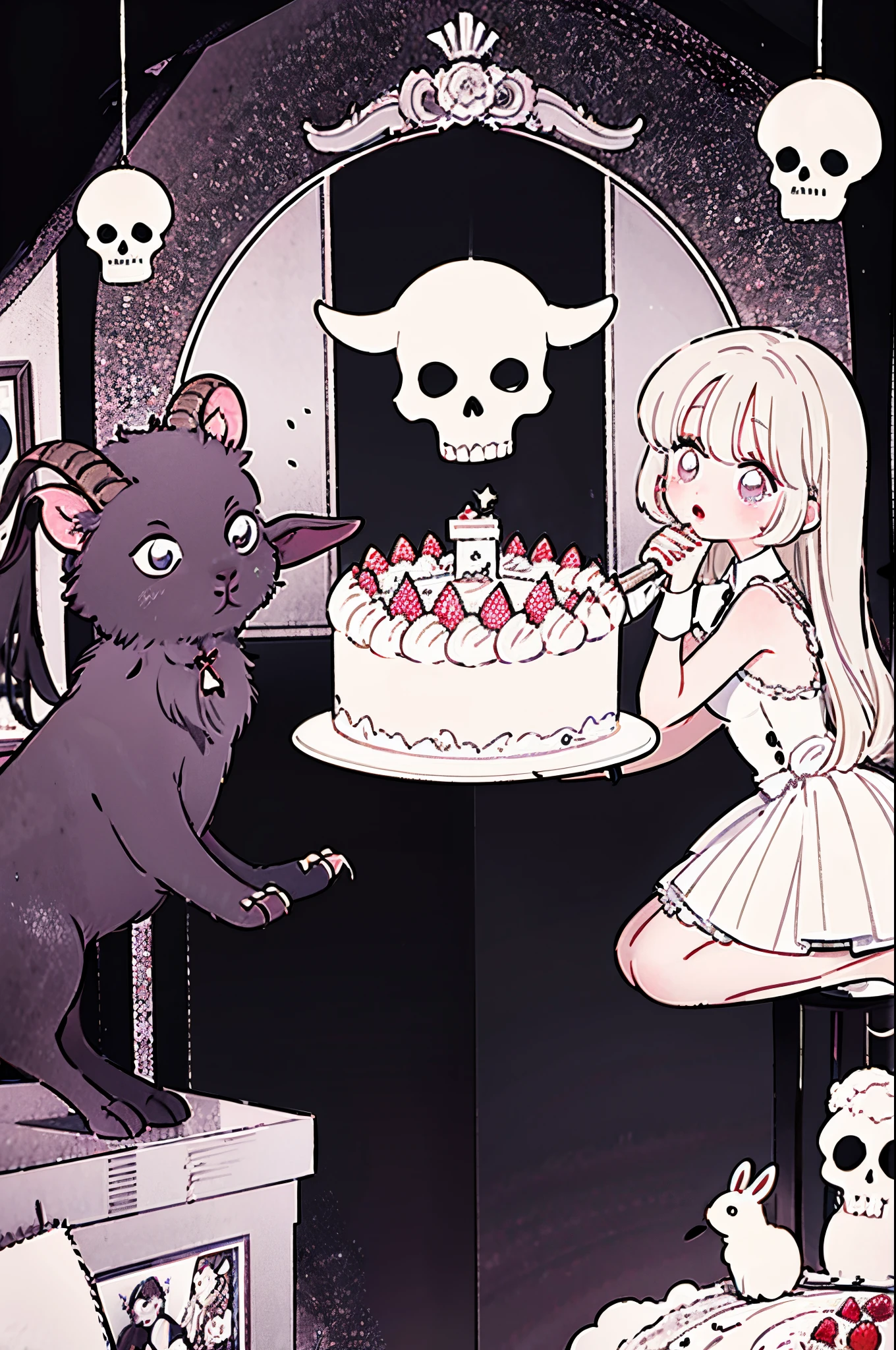 official art, unity 8k wallpaper, ultra detailed, beautiful and aesthetic, High quality, beautiful, masterpiece, best quality, (zentangle, mandala, tangle, entangle:0.6), flat color, limited palette, low contrast, a cute girl serving cake to demons, pink, bright pastel colors, kawaii, (horror), eerie, rabbit skull, goat skull, in hell, creepy, demons, claws, best lighting