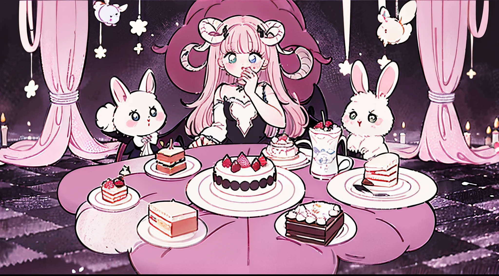 official art, unity 8k wallpaper, ultra detailed, beautiful and aesthetic, High quality, beautiful, masterpiece, best quality, (zentangle, mandala, tangle, entangle:0.6), flat color, limited palette, low contrast, a cute girl serving cake to demons, pink, bright pastel colors, kawaii, (horror), eerie, rabbit skull, goat skull, in hell, creepy, demons, claws, best lighting