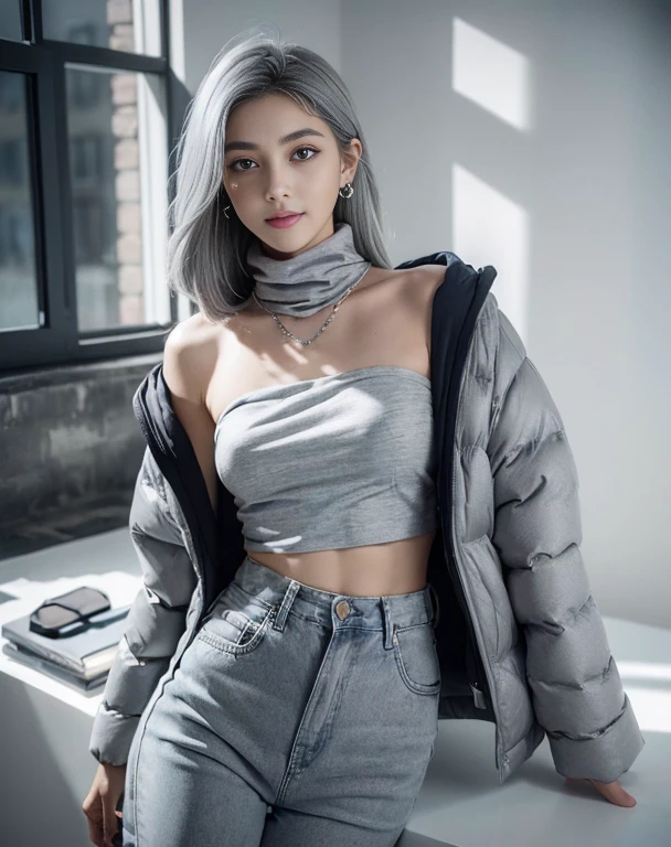 (((Masterpiece, 8K, photorealistic, ultra realistic):1.4))),
KAWAII, ig model, 22 years old, 170 cm, ((medium breasts):1.4), ((slender waist, toned thighs, toned arms):1.4), ((small head, small face):1.4), small nose, ((small mouth, small lips):1.4), ((short jow,small jow):1.5), ((diamond Face,baby face):1.3), Sharp Faceline,
_
BREAK ((big eyes, Double eyelid, tareme, droopy eyes):1.5), ((smile:1.4)), ((teeth):1.3), (mole under eye), (Perl White teeth), ((gray hair):1.4), (short hair, ponytail), asymmetrical hair, ((Blue eyes):1.4), (no makeup look eyebrow:1.3), light makeup, shiny skin, ultra-detailed skin, detailed face, (detailed face skin), perfect beautiful eyes, (ultra-detailed eyes:1.3), shiny hair, ultra-detailed fingers,
_
BREAK ((all body)), walking, in the room, look at, ((wide shot)), dynamic, Focus,
_
(black theme and White), in the night, Inorganic, Inorganic concrete studio with window, small window, gray concrete block, highly, blur, blur background, front lightning, Cinematic lighting,
BREAK ((Gray fur down jacket elegant adorned, The down jacket features a hood):1.2), (underneath turtleneck knit exudes feminine grace), BREAK ((Paired with high-waisted denim pants)), ((this ensemble highlights and complements the figure, achieving a harmonious blend of warmth and refined fashion):1.3), ((silver earring, silver bracelet, silver necklace):1.2), ((perfect wear, detailed wear):1.4), raw photo,