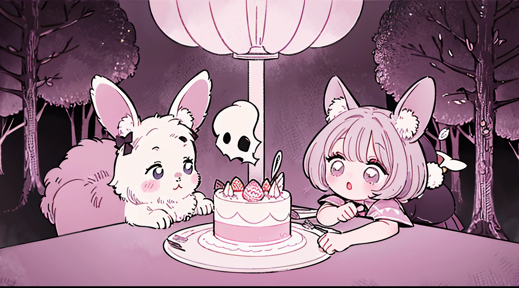 official art, unity 8k wallpaper, ultra detailed, beautiful and aesthetic, High quality, beautiful, masterpiece, best quality, (zentangle, mandala, tangle, entangle:0.6), flat color, limited palette, low contrast, a cute girl serving cake to demons, pink, bright pastel colors, kawaii, (horror), eerie, rabbit skull, goat skull, in hell, creepy, demons, claws, best lighting