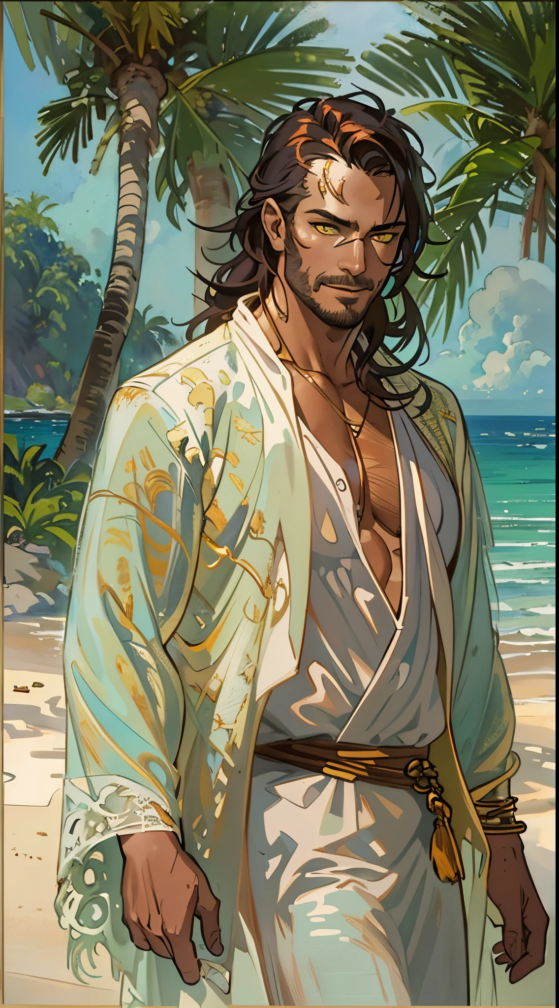 adult man in an unbuttoned shirt and trousers, Light-colored clothes, cloak on the shoulders, neatly dressed, middle aged, tiefling, ((copper skin)), (Yellow eyes:1.3), (dark colored hair, hairlong, hair below the shoulders) ((tropical beach, rest, island, letho), (happy face, ssmile, dreamy, Relaxed, friendly). Tropics in the background. fantasy style. reflections, insanely detailed matte painting with rough paint strokes and textures;, by Pino Daeni, by Jeremy Mann, meat_Griffiths, 16K resolution, oil on canvas, visual art, Super Dramatic Light, sharp-focus, emotional, minimalist background, Incoplei, in the style of Mark Demsteder