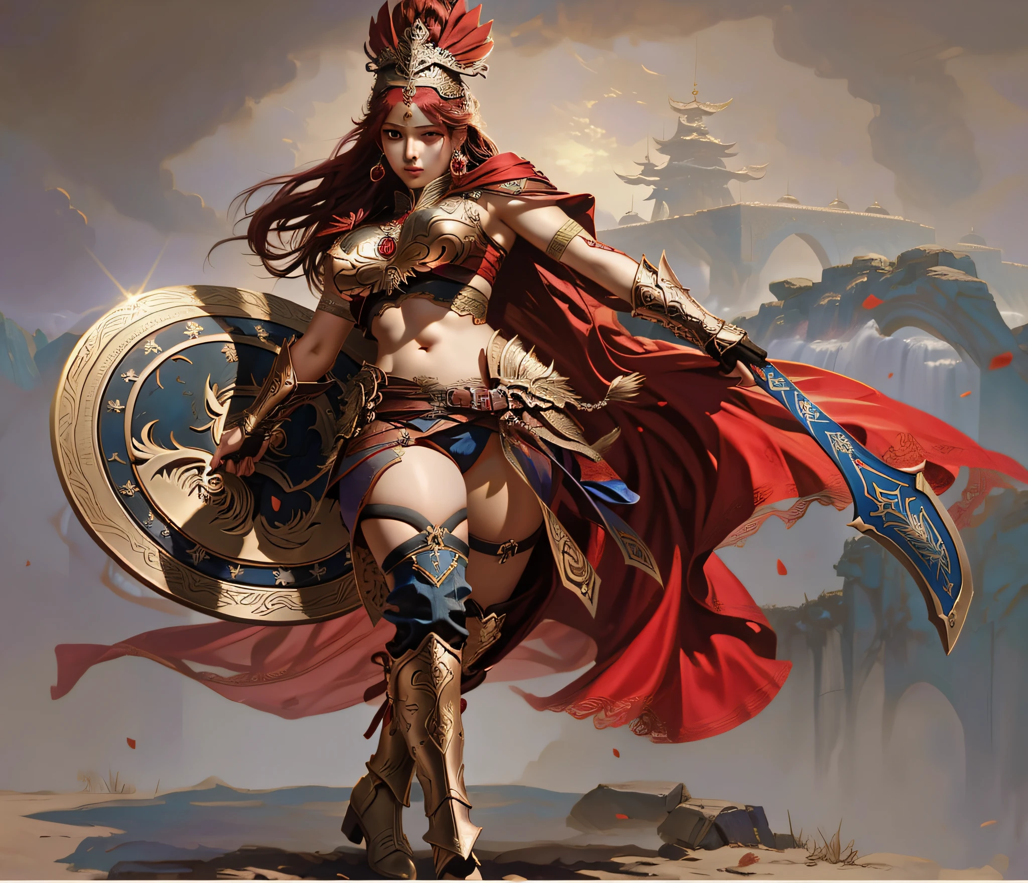 una mujer con una capa roja y una armadura sosteniendo una espada, Una hermosa mujer guerrera, Hermosa guerrera, Chica armadura, Guerrera, Artgerm extremadamente detallado, Diosa de la Guerra, Artgerm y WLOP, Chica guerrera, Estilo de Artgerm, CGsociety y Fenghua Zhong, fantasy warrior, Estilo Artgerm, Reina guerrera
