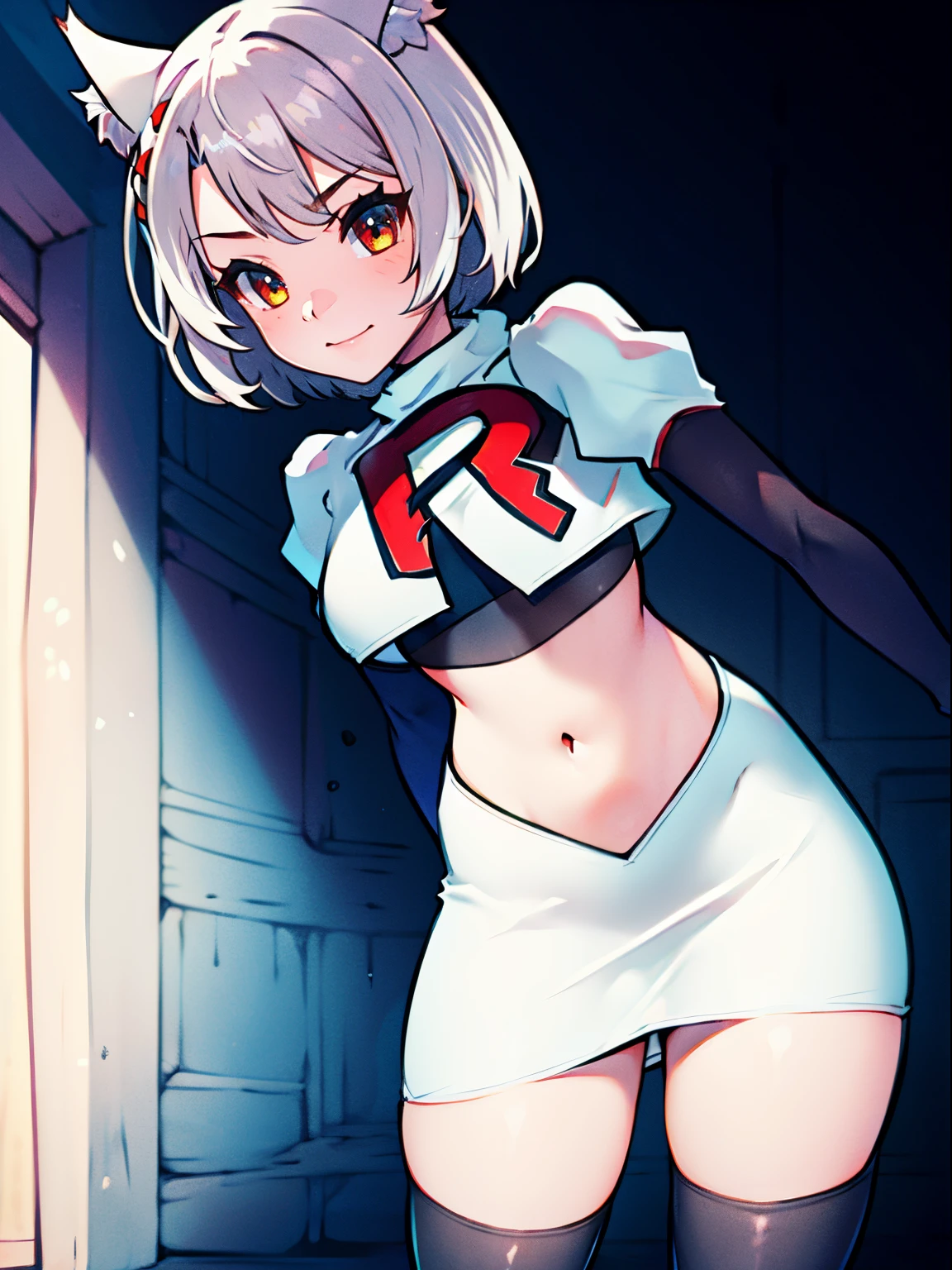 face of mio \(xenoblade\), 1girl,team rocket,team rocket uniform, red letter R, white skirt,white crop top,black thigh-high boots,black elbow gloves, cat ears, white hair