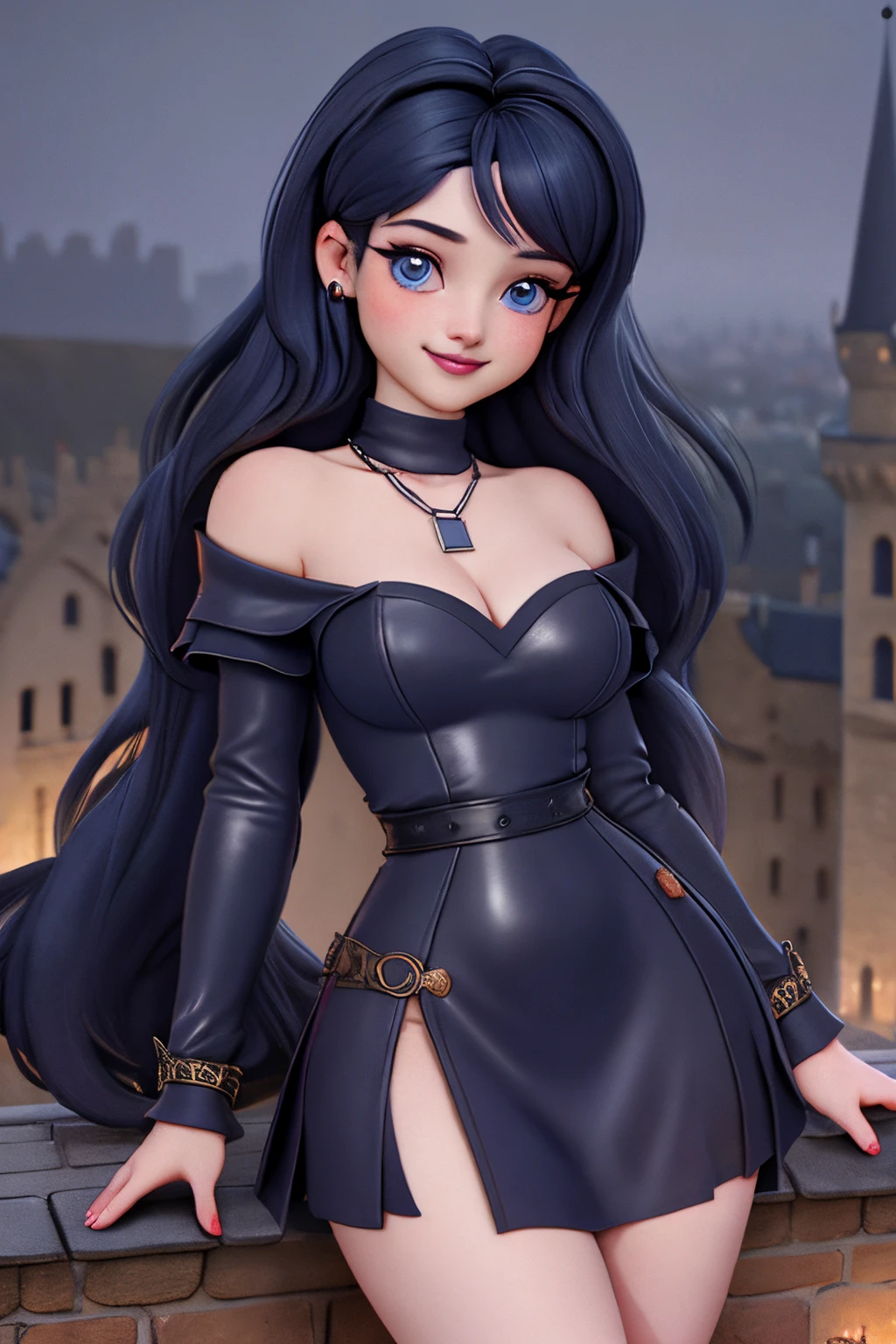 close up 1girl in, 20years, Solo, Aesthetic artwork, long dark blue hair, thick dark blue hair, light blue eyes, clear skin, pale skin, massive breasts, DD-Cup, cleavage, fit body, (round hips, thin waist: 1.25), (Sirius face, dark lipstick, mischievous smile:1.1), key necklace, (wearing leather corseted dress purple, bare shoulders, opedleg slit, chains:1.1), ( pose:1.25), (detailed Castle roof background:1.1), rooftop, overlooking medieval city, 24mm, 4k textures, soft cinematic light, RAW intricate, elegant, highly detailed, sharp focus, ((((cinematic look)))), soothing tones, insane details, intricate details, hyperdetailed, low contrast, soft cinematic light, dim colors, exposure blend, hdr, faded