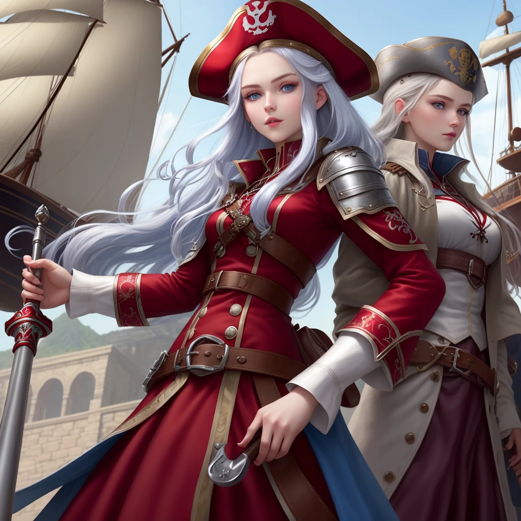 silber hair, blue eyed ukrainian woman、age19、my name is noel.、pirate ship captain in red clothes,Platinum rapier on waist、Glamour、