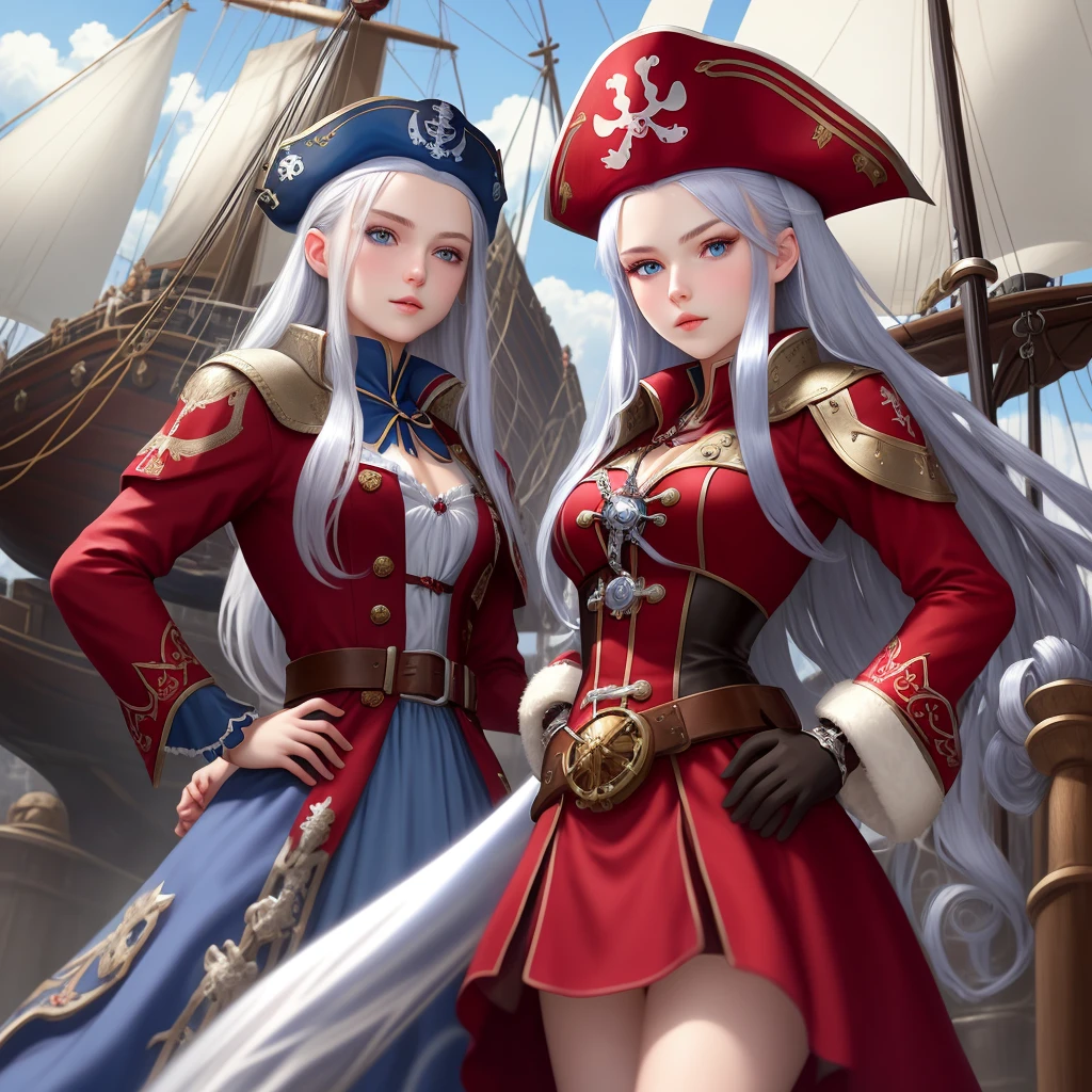 silber hair, blue eyed ukrainian woman、age19、my name is noel.、pirate ship captain in red clothes,Platinum rapier on waist、Glamour、