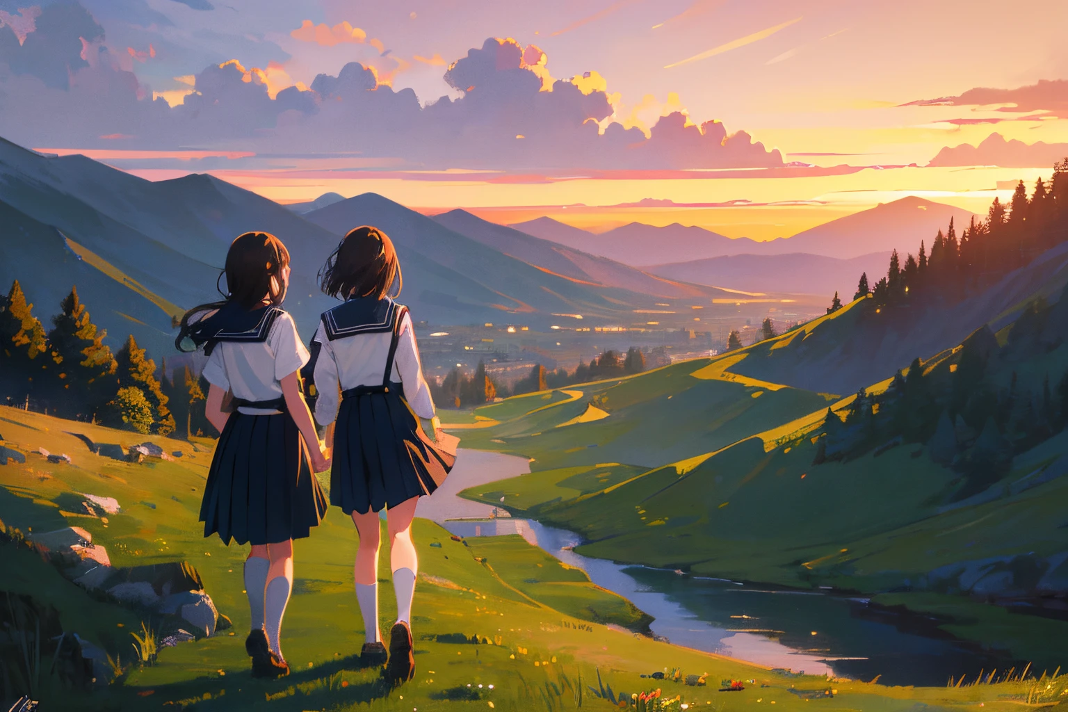 Create exquisite illustrations reminiscent of Makoto Shinkai's style, It has ultra-fine details and top-notch quality. Create a high-quality illustration depicting a pastoral landscape bathed in the warm hues of the sunset, featuring two schoolgirls walking side by side on their way home. The two girls are joyfully engaged in conversation, laughing as they enjoy the breathtaking scenery. The overall ambiance should exude nostalgia and intricacy, capturing the essence of a bygone era. Pay meticulous attention to detail to ensure a high-quality illustration that conveys the beauty of the sunset, the camaraderie between the two girls, and the charm of the pastoral setting.
