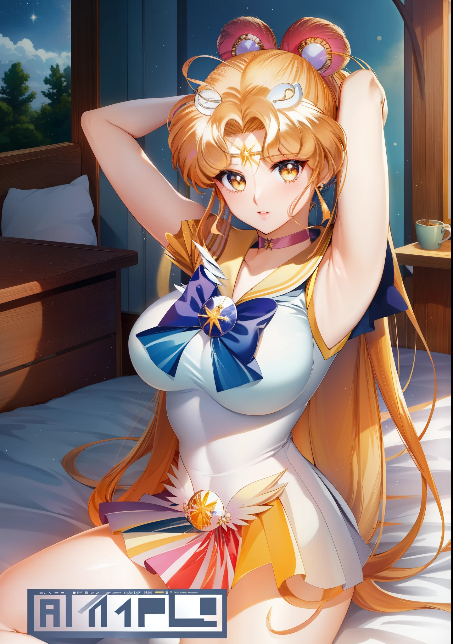 Close-up of a woman wearing a short skirt on the bed, Seductive Anime Girl, anime goddess, Ecchi anime style, the sailor galaxia. Beautiful, beautiful alluring anime , Sailor Moon!!!!!!!!, charming anime girls, a human-like juicy peach, beautiful alluring anime woman, blonde anime girl with long hair, by Sailor Moon, Anime princess