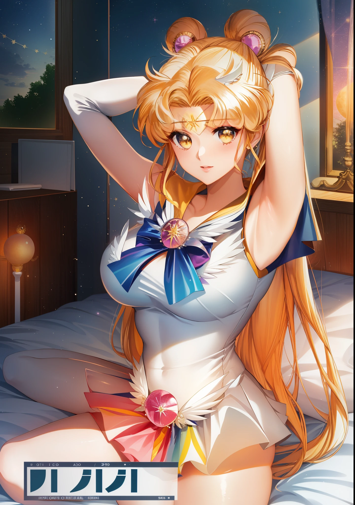 Close-up of a woman wearing a short skirt on the bed, Seductive Anime Girl, anime goddess, Ecchi anime style, the sailor galaxia. Beautiful, beautiful alluring anime teen, Sailor Moon!!!!!!!!, charming anime girls, a human-like juicy peach, beautiful alluring anime woman, blonde anime girl with long hair, by Sailor Moon, Anime princess