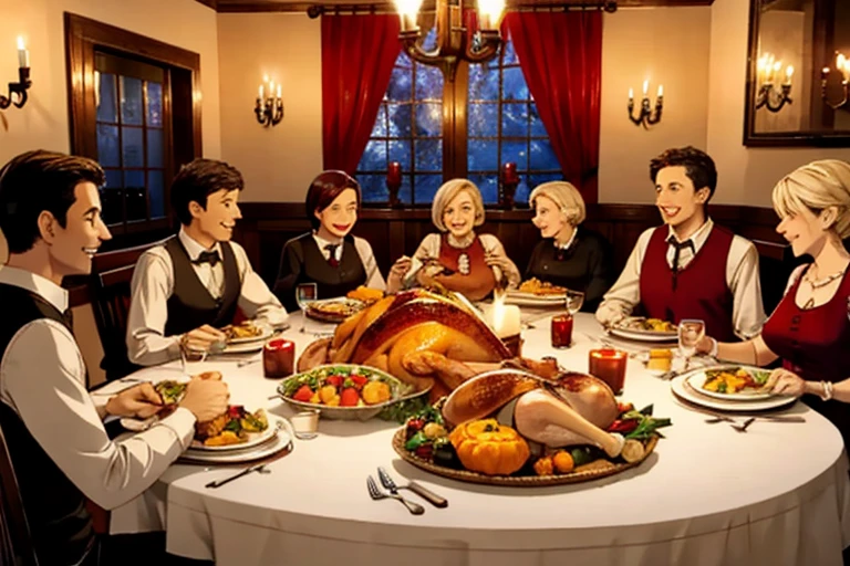thanksgiving dinner, turkey in the center of the table, 8 people smiling and sitting around the table, candle lit around the table, night time, homely atmosphere, cartoon style