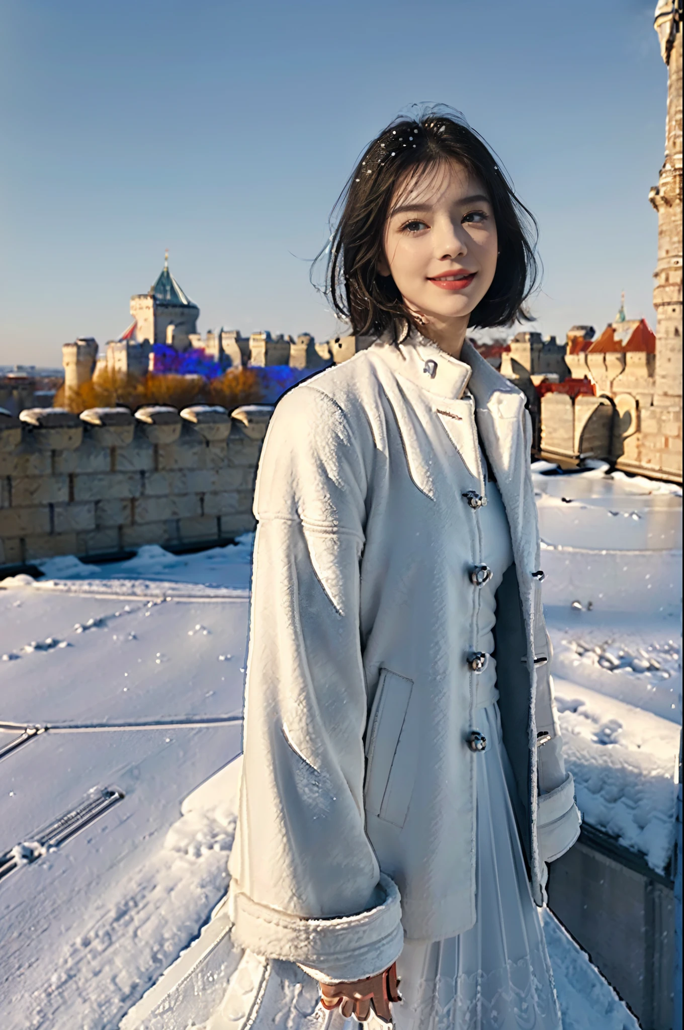 (((8k))),(Extremely meticulous CG) ,(wallpaper),16k,(Extremely refined and beautiful），（Masterpiece:2.0），（best qualtiy:2.0），（Ultra High Resolution：1.0），beautiful light up，Perfect lightning，realistic shaded，[A high resolution],(Smooth and flawless fair skin:1.5),(Extremely exquisite facial details),(perfect body：1.1),ultra - detailed,A beautiful girl,small head,small face,clear face,(pale skin),red lips,happy,smile,((shoulder-length straight black bob hair)),(Small breasts:1.1),Flat chests,slim,thin,Smile,happy,(white mink jacket:1.3),(underneath the jacket was white-collared shirt:1.2),thighs,(Slender legs:1.2),(white boots:1.1),outdoor,from above,(snowing:1.2),winter,day scene,((snow scape)),rime,(Maxi red Ma-mian  skirt:1.1),Azure sky，Clean cloud，In Budapest,(in a castle,On the roof of the castle:1.5),standing,(Below the castle is a classical European town),Close Shot,Hair and skirt fluttering in the wind,upper body