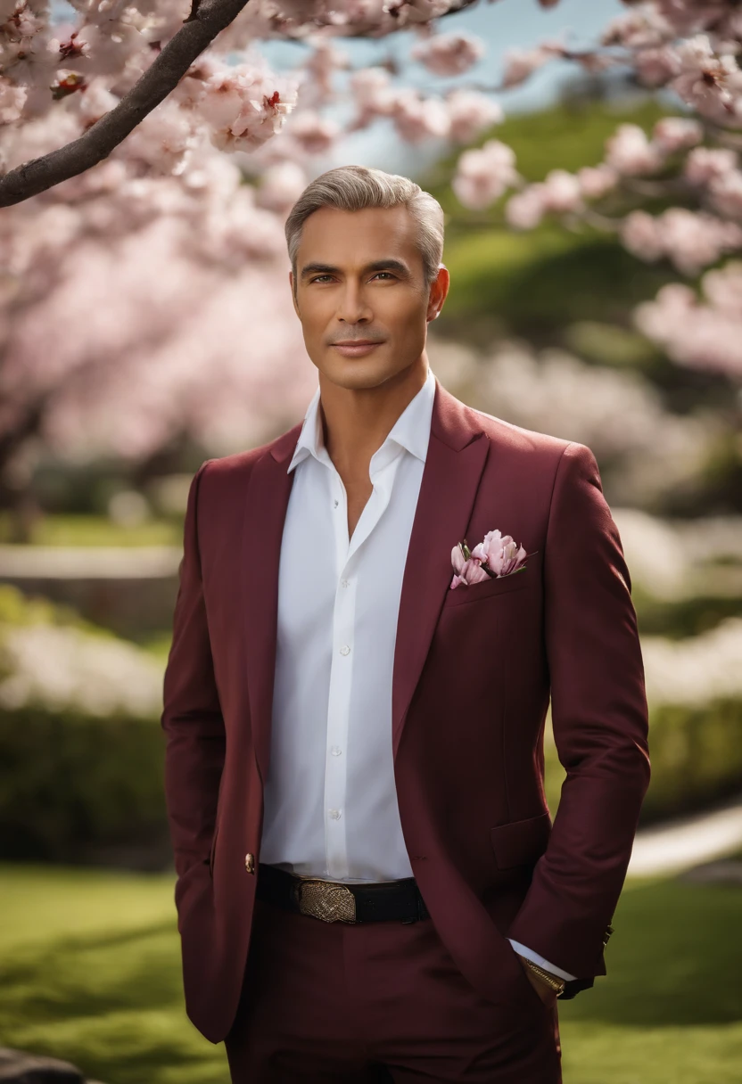 A photo of Armond finding solace in a quiet garden, surrounded by blooming cherry blossoms.,original,Armond, a character from the TV series “The White Lotus,” is portrayed as a suave and sophisticated resort manager, with a meticulously groomed appearance, often seen in his crisp, professional uniform that adds to his air of authority and composure. His sharp, angular features and intense gaze give him a charismatic yet somewhat inscrutable presence, perfectly fitting his role in the luxurious resort setting. He works at the White Lotus resort in Hawaii.