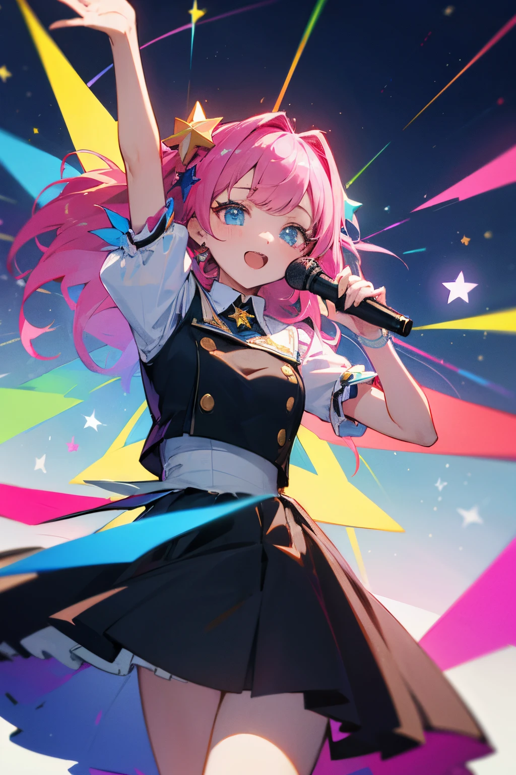 (masterpiece、top-quality)、VTUBER IDOLS ARE SINGING SONGS、Facing the front、rainbow colored hair like pink、Star Hair Ornament