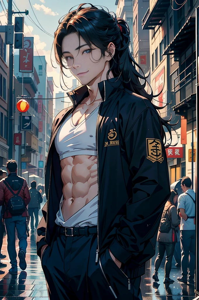 1 male human,35yo,mature,chest and abdominal muscles,long leges, Happy smile,A confident smile,独奏,(Urban street background) He has long golden hair,Stood up,seen from the front, hair straight, The sky is mostly cloudy,(((tmasterpiece),(Very detailed CG unified 8k wallpaper),Best quality at best,电影灯光,detailed back ground,beautidful eyes,Bright pupils,黑The eye,(very delicate beautiful),(Beautiful and detailed eye descriptions),ultra - detailed,tmasterpiece,)),facing at the camera,A high resolution,ultra - detailed),Handsome movements,buisness suit,