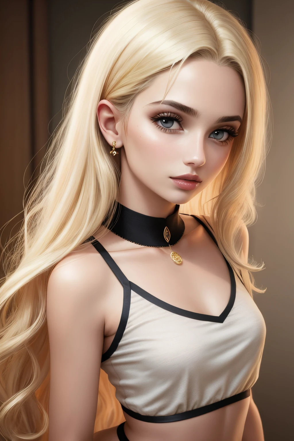 1menina 20 anos, sozinho, cabelos longos, seios pequenos, Olhando para o Viewer, blonde hair, bareshoulders, olhos castanhos, jewelries, corpo inteiro, colar, fora do ombro, blusa branca curta, lips, Realistic, nariz, flirting with camera