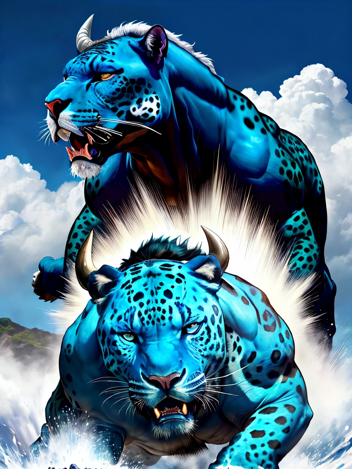Realist picture of a big blue bull, and a jaguar :: white star over the right eye of big blue bull:: big blue bull violently attacking throwing jaguar in the air :: jaguar should look lifeless :: mean facial expression on the face of the big blue bull :: smoke coming out of big blue bull nostrils :: realistic picture