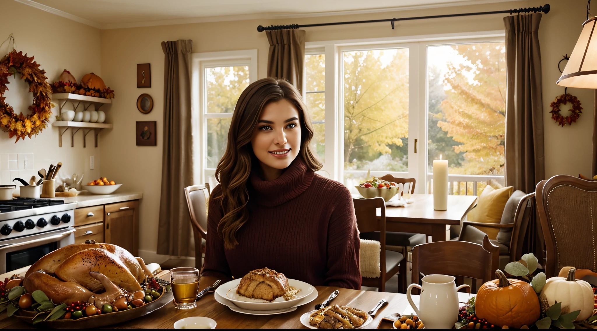 Generate heartwarming photographs of Autumn at her parents' house, celebrating Canadian Thanksgiving Dinner. Autumn, in her mid-20s, stands around 5'4" tall, with bobcut hair, wavy chestnut hair flowing gracefully over her shoulders. Her athletic hourglass figure and warm, sun-kissed tan complement her captivating complexion. Autumn's expressive brown eyes exude charisma, reflecting her relaxed and confident demeanor.
For the occasion, Autumn is dressed elegantly in a cozy, yet stylish fall outfit that captures the spirit of the season. She wears a form-fitting, knee-length dress in autumnal hues, which accentuates her figure while exuding warmth and comfort. Autumn's ensemble is completed with a fashionable scarf and knee-high boots that add a touch of sophistication to her look.
The setting is her parents' welcoming home, adorned with festive Thanksgiving decorations. The dining room table is beautifully set with fine china, fall-themed centerpieces, and a delicious spread of traditional Canadian Thanksgiving dishes. Warm lighting creates an inviting and cozy atmosphere, enhancing the sense of togetherness and gratitude.
Autumn is captured in candid moments, sharing laughs and making memories with her family. Whether she's helping in the kitchen, setting the table, or enjoying a hearty meal, the photographs should convey the warmth and joy of the holiday gathering. Natural lighting enhances the cozy atmosphere, creating a sense of nostalgia and celebrating the essence of Canadian Thanksgiving.
Additional shots focus on Autumn sitting at her designated spot at the dinner table, her plate filled with keto-friendly Thanksgiving dishes, free of carbs. These shots emphasize her commitment to her dietary choices while still enjoying the festivities. Intense look and makeup, symmetrical eyes, symmetrical face, photorealistic, photography, path tracing, specular lighting, volumetric face light, path traced hair, visible shadows, intricate, elaborate, hyper-realistic