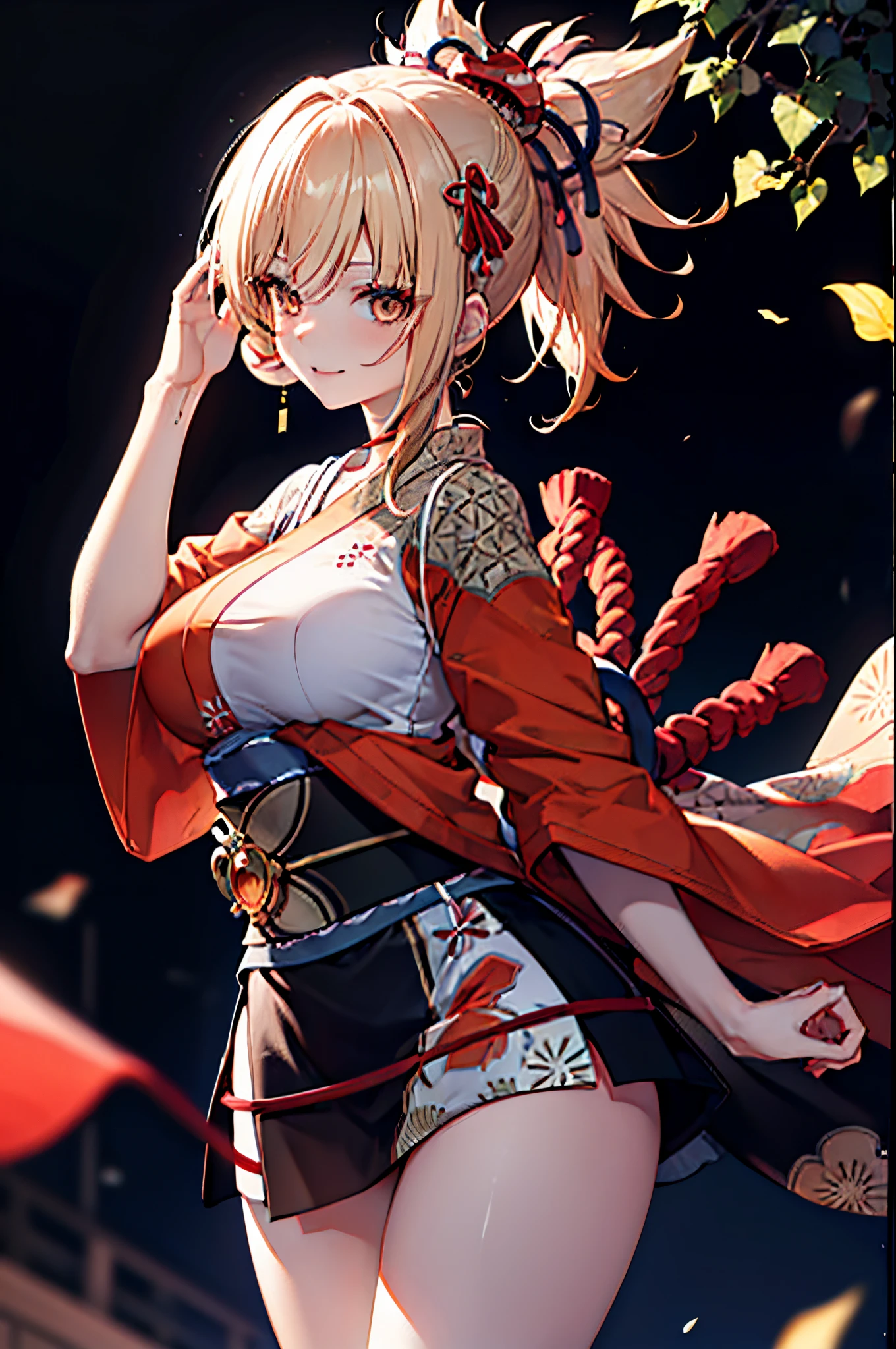 Realistic image, Detailed image, 1 girl (Yoimiya). She has short, strawberry blonde hair, cut short, pulled back in a high ponytail and leaves a lock loose on the left side of her face. She wears many festival and fireworks themed hair accessories, her eyes are a golden color and she wears bright orange eyeliner. short red kimono but with only one sleeve worn. Her right sleeve is rolled up past her elbow and tied with a string. The left half of the kimono is wrapped around her waist, and her black floral-patterned sleeve falls behind her around her knees. It is held up by an obi belt and exposes the upper left section of her body. Her chest is wrapped in a sarashi, as is her left forearm and upper thighs, extending down her right leg. Her black obi is tied in a nice knot, but is also decorated with a red string that becomes a large bow behind her. Big breasts, slim waist, wide hips and thick thighs. She is smiling. She's posing with one leg raised while winking. She has her hands raised and her back arched. Bottom view. Panties view. Plain background. Volumetric light. Ambient light.