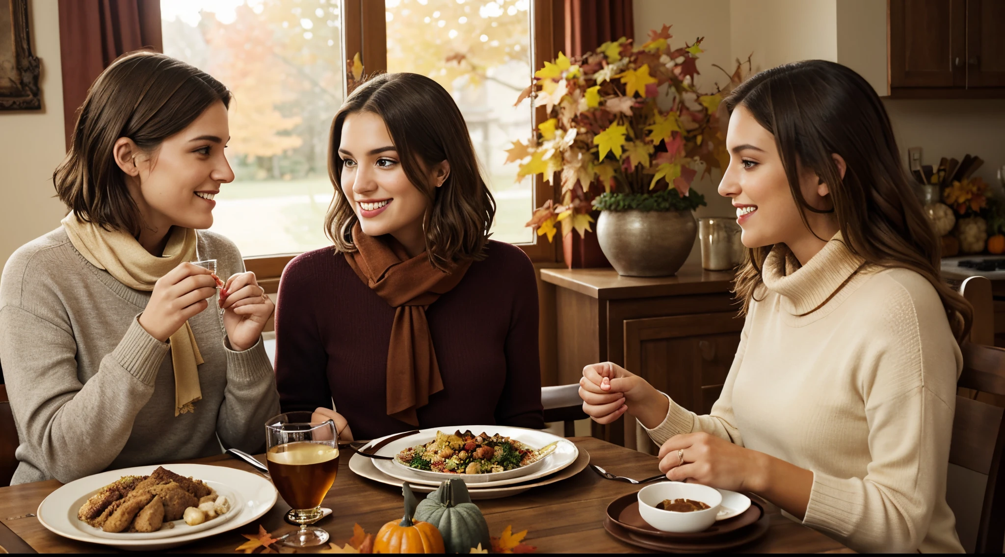 Generate heartwarming photographs of Autumn at her parents' house, celebrating Canadian Thanksgiving Dinner. Autumn, in her mid-20s, stands around 5'4" tall, with bobcut hair, wavy chestnut hair flowing gracefully over her shoulders. Her athletic hourglass figure and warm, sun-kissed tan complement her captivating complexion. Autumn's expressive brown eyes exude charisma, reflecting her relaxed and confident demeanor.

For the occasion, Autumn is dressed elegantly in a cozy, yet stylish fall outfit that captures the spirit of the season. She wears a form-fitting, knee-length dress in autumnal hues, which accentuates her figure while exuding warmth and comfort. Autumn's ensemble is completed with a fashionable scarf and knee-high boots that add a touch of sophistication to her look.

The setting is her parents' welcoming home, adorned with festive Thanksgiving decorations. The dining room table is beautifully set with fine china, fall-themed centerpieces, and a delicious spread of traditional Canadian Thanksgiving dishes. Warm lighting creates an inviting and cozy atmosphere, enhancing the sense of togetherness and gratitude.

Autumn is captured in candid moments, sharing laughs and making memories with her family. Whether she's helping in the kitchen, setting the table, or enjoying a hearty meal, the photographs should convey the warmth and joy of the holiday gathering. Natural lighting enhances the cozy atmosphere, creating a sense of nostalgia and celebrating the essence of Canadian Thanksgiving.

Additional shots focus on Autumn sitting at her designated spot at the dinner table, her plate filled with keto-friendly Thanksgiving dishes, free of carbs. These shots emphasize her commitment to her dietary choices while still enjoying the festivities. Intense look and makeup, symmetrical eyes, symmetrical face, photorealistic, photography, path tracing, specular lighting, volumetric face light, path traced hair, visible shadows, intricate, elaborate, hyper-realistic