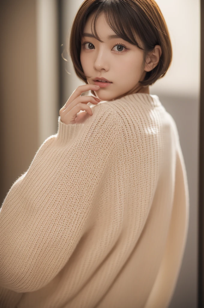 a close up of a woman with a sweater on posing for a picture, Middle metaverse, 奈良美智, Japanese Models, Beautiful Asian Girl, With short hair, 2 4 years old female model, 4 k ], 4K], 2 7 years old, sakimichan, sakimichan