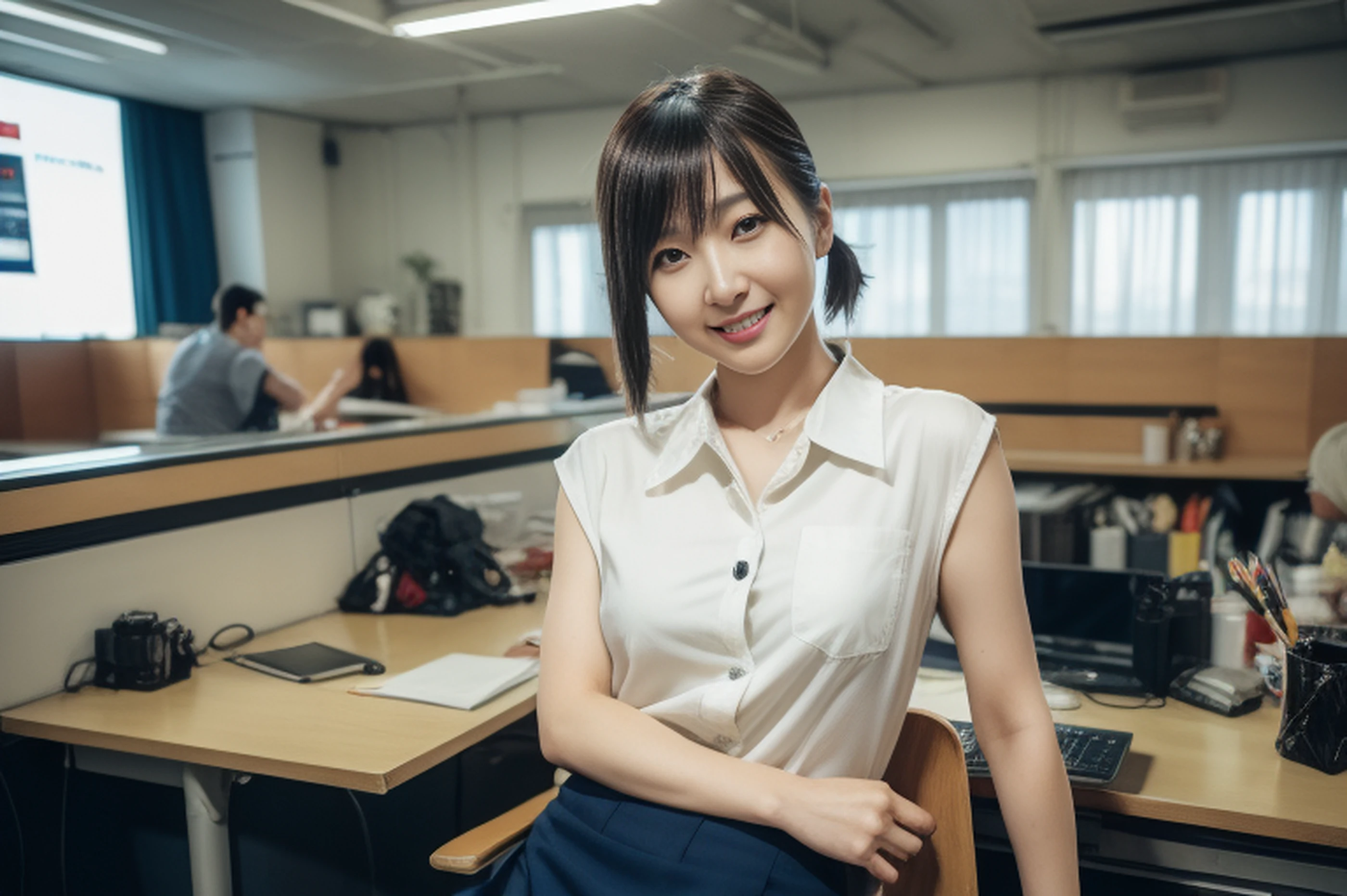 Woman sitting on sofa using laptop, Young Sensual Gravure Idol, Ayami Kojima Amano, wearing tight shirt, deayami kojima, sakimichan hdri, sat at her desk, in a white shirt, Young skinny gravure idol, (The highest image quality, 4K, High quality, masutepiece:1.2), ((masutepiece)), high detailing, High quality, (nffsw, The highest image quality, masutepiece:1.2), (Cyberpunk:1.4), city, a very pretty girl, blonde pig hair, Pig tail hair, Slender body, tiny chest, (detailed white & blue cyber gear), (mechanical wear), wearing cyber goggles, Armed, Sleeveless, Removed sleeve, pantyhose, ((Best Quality, 8K, masterpiece details, Ultra-high resolution)), (in group photograph), (Looking at the viewer), (Middle shot:), Attractive Business 5, 5man, Slightly Chubby:0.25, White collared shirt, grey skirt, (Sit cross-legged at an office desk)), Smile, President's Office,