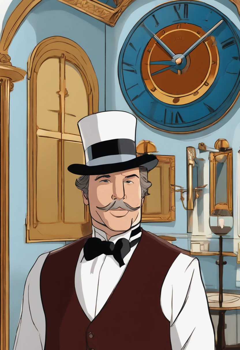 A photo of Jervis standing in front of a large ornate mirror, wearing a top hat adorned with a spinning pinwheel and a vest covered in ticking clocks.,Batman: The Animated Series,Jervis is tall, wears a tweed suit and top hat, shoulder length curly brown hair and neat goatee. Famously portrayed by Benedict Samuel