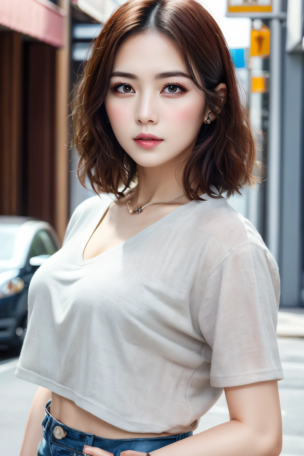 a woman, (realistic), (hyperrealism), (photorealistic), depth of field, eye makeup:0.5, (upper body:1.2), (narrow waist:0.7), looking at the viewer, casual outfit, at the city streets,