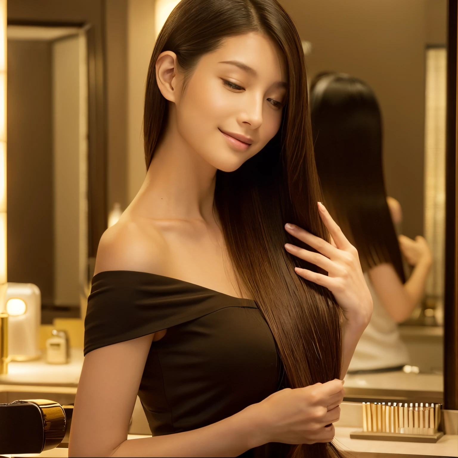 In a modern Japanese beauty salon、A scene of a woman gently stroking her hair straightened by a hairdresser。she looks in the mirror、I feel happy and satisfied with the feel and look of smooth, perfectly straight hair.。The salon has a modern and sophisticated design.、Providing a luxurious hair care experience。