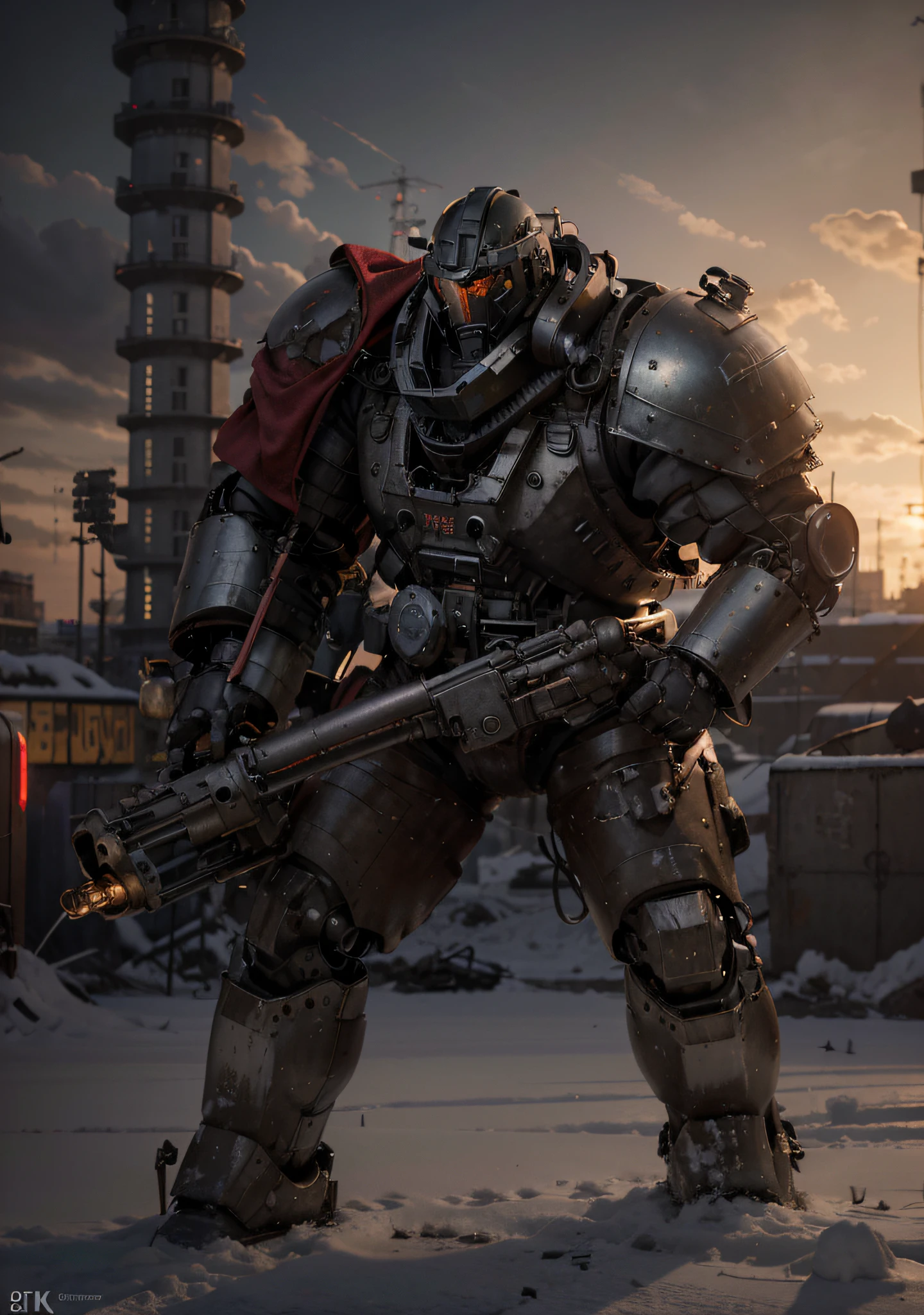 Dieselpunk style Soviet heavy robot, Soviet symbols, dark red and matte dark green metal armor, helmet with wide glass, pipes and cables, carries a machine gun, is in a totally destroyed Polish city, snowy day, red sky, 4k, ultra image detailed, realistic, Highly detailed, perfect composition, splendid, Intricately detailed, incredibly detailed, Art photography 8K, hyper detailed, Masterpiece, Ultra detailed, hyper realistic, 4k, Ultra detailed image, realistic, Highly detailed, perfect composition, gorgeous, Intricately detailed, incredibly detailed, 8K fine art photography, hyper detailed, masterpiece