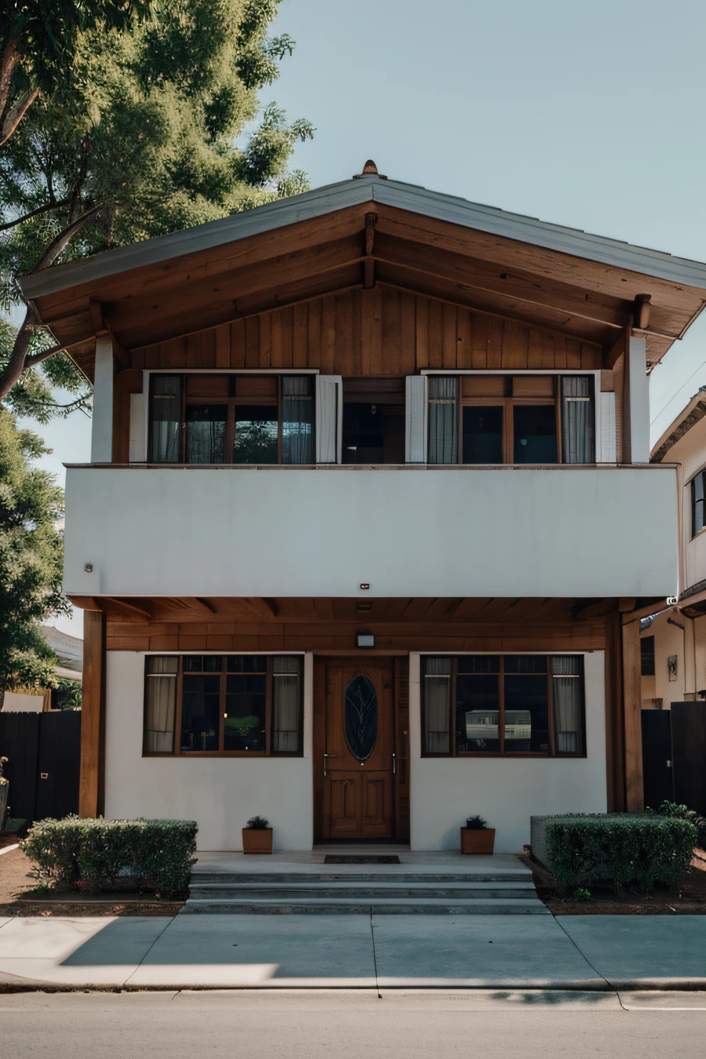 Front view 1 story house realistic 90&#39;s architecture 4k cinematic day