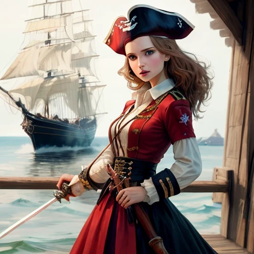 dressed as a pirate captain,Natalie portman.、24 year old、The color of the clothes is red,The shirt inside is white.、Holds out a rapier and issues commands to the sailors、