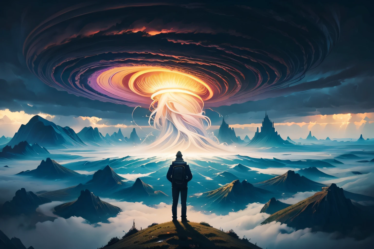 a man standing on a hill looking at a distant castle in a strange landscape, digital art inspired by Cyril Rolando, trending on Artstation, space art, beeple and tim hildebrandt, artgem and beeple masterpiece, beeple and jeremiah ketner, realism | beeple, beeple and jean giraud, beeple and greg rutkowski painting of a large cloud with a tornado swirl coming out of it, a surrealist painting by Michael Sutfin, shutterstock contest winner, surrealism, android jones and rhads, cloud vortex, thick swirling tornado, surrealistic painting, surrealist landscape painting, thunder clouds modernism, surreal scene, surreal clouds, jacek yerka and vladimir kush, surreal painting, lightning , star fields