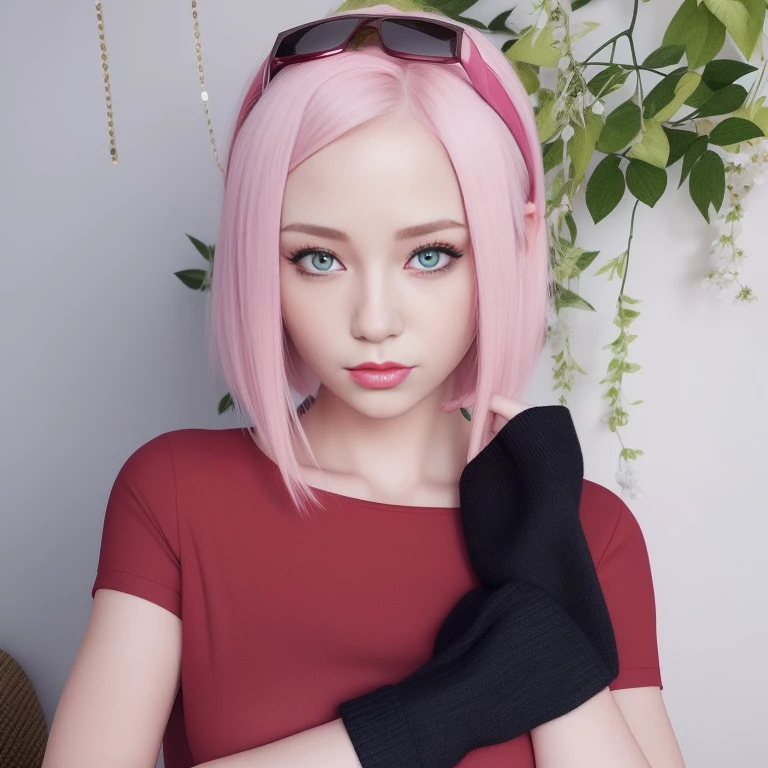 young woman, pale skin, short bubblegum pink hair, jade green eyes, red lips, red clothes, Sakura Haruno, realism, 3d