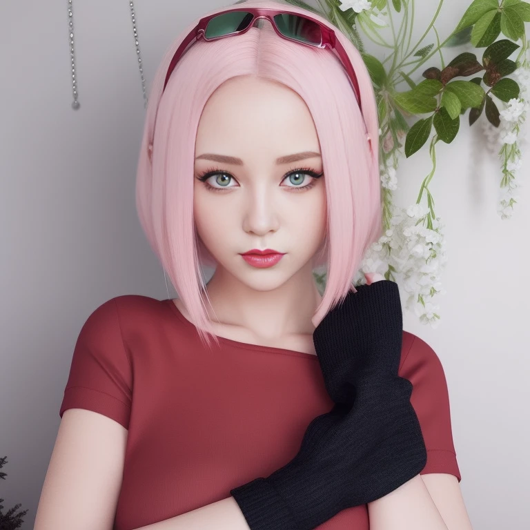 young woman, pale skin, short bubblegum pink hair, jade green eyes, red lips, red clothes, Sakura Haruno, realism, 3d