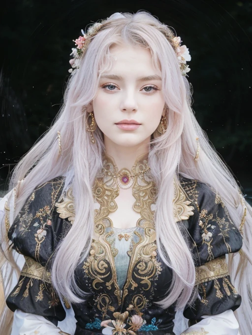 Highly detailed, High Quality, masterpiece, 1woman, standing on a bridge, wind blowing her hair, (traditional clothing:1.1), red and black embroidered dress, long sleeves, white belt, hair decorated with peony flowers, (jewelry:1.2), golden earrings and necklace, delicate makeup, light pink lips, gentle expression, looking into the distance, (scenic view:0.9), mountains and river in the background, outdoors, overcast day.