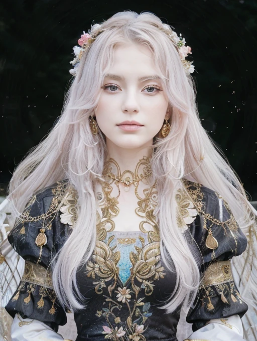 Highly detailed, High Quality, masterpiece, 1woman, standing on a bridge, wind blowing her hair, (traditional clothing:1.1), red and black embroidered dress, long sleeves, white belt, hair decorated with peony flowers, (jewelry:1.2), golden earrings and necklace, delicate makeup, light pink lips, gentle expression, looking into the distance, (scenic view:0.9), mountains and river in the background, outdoors, overcast day.