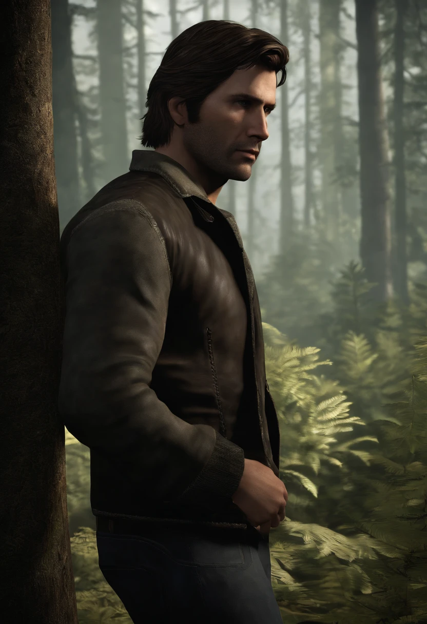 The image is of a dense forest with mist swirling around the trees, creating an eerie and atmospheric scene.,Alan Wake game series,Alan Wake is depicted as a middle-aged man with a distinctive appearance that reflects his personality and experiences.
1. Facial Features: Alan Wake has a rugged and somewhat weathered face, suggesting the weight of his experiences. He often sports a short beard or stubble, adding to his slightly disheveled appearance. His facial expressions convey a range of emotions, from determination to weariness, reflecting the challenges he faces.
2. Hair: Alan Wake has dark brown hair that is typically styled in a slightly unkempt manner. His hair may appear tousled or windswept, giving him a somewhat disheveled yet stylish look. As the game progresses, his hair may become more disheveled, reflecting the toll of his journey.
3. Clothing Style: Alan Wake's clothing style is casual and practical, reflecting his no-nonsense approach to life. He is often seen wearing dark-colored jeans or cargo pants, paired with a button-down shirt, and a jacket or a hoodie. His attire is functional, allowing him freedom of movement during his encounters with supernatural forces.
4. Accessories: Alan may be seen wearing accessories that reflect his writer's persona. He might have a worn leather bracelet or a pendant around his neck, symbolizing his connection to his craft and the power of storytelling. Additionally, he may carry a small notebook or a pen, ready to capture ideas and inspirations that come to him.
5. Body Language: Alan Wake's body language often reflects a sense of determination and focus. He may exhibit signs of weariness or tension, especially during intense or suspenseful moments. His posture may become more relaxed during quieter moments, showcasing a contemplative and introspective demeanor.
6. Face: Alan Wake has a square-shaped face with defined jawline and slightly pronounced cheekbones. His complexion is fair, with a hint of a tan, indicating his time spent outdoors. His forehead may show faint lines of worry, reflecting the weight of his experiences and the challenges he has faced.
7. Eyes: Alan's eyes are one of his most striking features. They are a deep shade of brown, often described as intense and expressive. They carry a mix of determination and weariness, reflecting the emotional and physical toll of his journey. In moments of heightened tension or concentration, his eyes may exhibit a steely focus.
8. Hair: Alan Wake's dark brown hair is typically kept at a medium length, falling just above his shoulders. It has a slightly messy and tousled appearance, as if windblown or from running his fingers through it. The hair may have natural waves or slight curls, adding to his casual and slightly disheveled style.
9. Facial Hair: Alan often sports a well-groomed but scruffy beard that accentuates his rugged look. The beard is short to medium length, providing a touch of maturity and adding to his slightly worn appearance. It may be neatly trimmed along the jawline and upper lip, but not meticulously styled.
10. Clothing Style: Alan usually dresses in practical and comfortable attire suitable for his adventures. He may wear dark-colored jeans that are slightly faded or worn, paired with a plain or subtly patterned button-down shirt. Over the shirt, he may wear a worn leather jacket or a hoodie, providing protection from the elements while maintaining a casual and slightly rugged aesthetic.
11. Accessories: As a writer, Alan may be seen wearing a few accessories that reflect his profession and personality. He might have a leather wristband or bracelet adorned with small charms or symbols that hold personal significance. Additionally, he may wear a pendant around his neck, possibly featuring a symbol related to the themes explored in his writings.
12. Posture and Body Language: Alan Wake carries himself with a mixture of confidence and weariness, mirroring his experiences and challenges. He may stand tall and self-assured during moments of determination, but his posture can also reveal a sense of burden or fatigue. When engaged in intense situations, his body language may become more alert and focused, displaying a readiness to confront the unknown.
13. Face: Alan Wake has a strong, angular face with a defined jawline and high cheekbones. His facial structure gives him a rugged and masculine appearance. Lines of age and experience are etched subtly around his eyes and forehead, indicating a life filled with challenges and emotional depth.
14. Eyes: Alan's eyes are deep-set and captivating. They are a rich, dark brown, often described as windows to his soul. His eyes hold a mix of intensity and vulnerability, displaying a keen intelligence and a hint of sadness. They are framed by thick, slightly arched eyebrows that add to his expressive gaze.
15. Nose: Alan has a straight and slightly prominent nose that adds to his strong and assertive facial features. It provides a sense of character and determination, complementing his overall appearance.
16. Lips: His lips are well-defined and often wear a subtle, enigmatic smile. There is a touch of weariness in their curve, hinting at the burden he carries, but also a glimmer of hope and resilience.
17. Hair: Alan Wake's dark brown hair has natural waves and texture. It falls in loose, tousled layers, framing his face and giving him a slightly disheveled yet effortlessly stylish look. His hair may have streaks of lighter tones, suggesting sun exposure from his outdoor adventures.
18. Facial Hair: Alan often maintains a short, well-groomed beard that accentuates his rugged charm. The beard is neatly trimmed, highlighting his strong jawline and adding a touch of maturity to his appearance. It may be slightly scruffy in places, giving him a raw and authentic appeal.
7. Clothing Style: Alan's clothing style is a blend of practicality and a hint of literary flair. He may be seen wearing dark-colored jeans or cargo pants that fit comfortably but allow freedom of movement. His choice of shirts varies, ranging from solid-colored button-downs to plaid or subtly patterned shirts, reflecting his casual yet slightly unconventional personality. As outerwear, he often dons a worn leather jacket, adding a touch of ruggedness and a nod to his writer persona.
19. Accessories: Alan may accessorize with a few meaningful items. He might wear a silver ring on one of his fingers, adorned with a symbol that holds personal significance. Additionally, he may carry a weathered leather satchel or a messenger bag, containing a notebook, pens, and other essentials for his writing and investigative pursuits.
20. Scars or Marks: Depending on the events of the game, Alan Wake may have small, faint scars or marks on his face or hands, serving as reminders of the physical and emotional battles he has faced.
He is almost exactly looking like Ilkka Villi, just with a more pronounced beard.