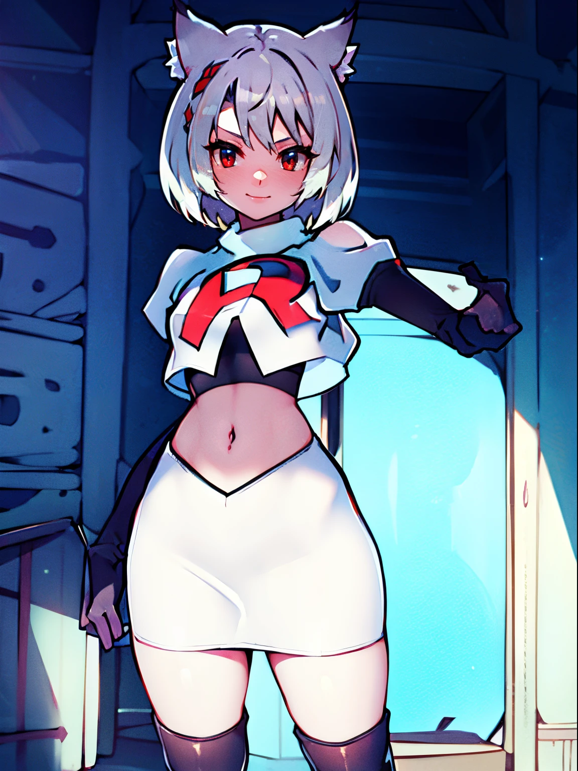 face of mio \(xenoblade\), 1girl,team rocket,team rocket uniform, red letter R, white skirt,white crop top,black thigh-high boots,black elbow gloves, cat ears, white hair