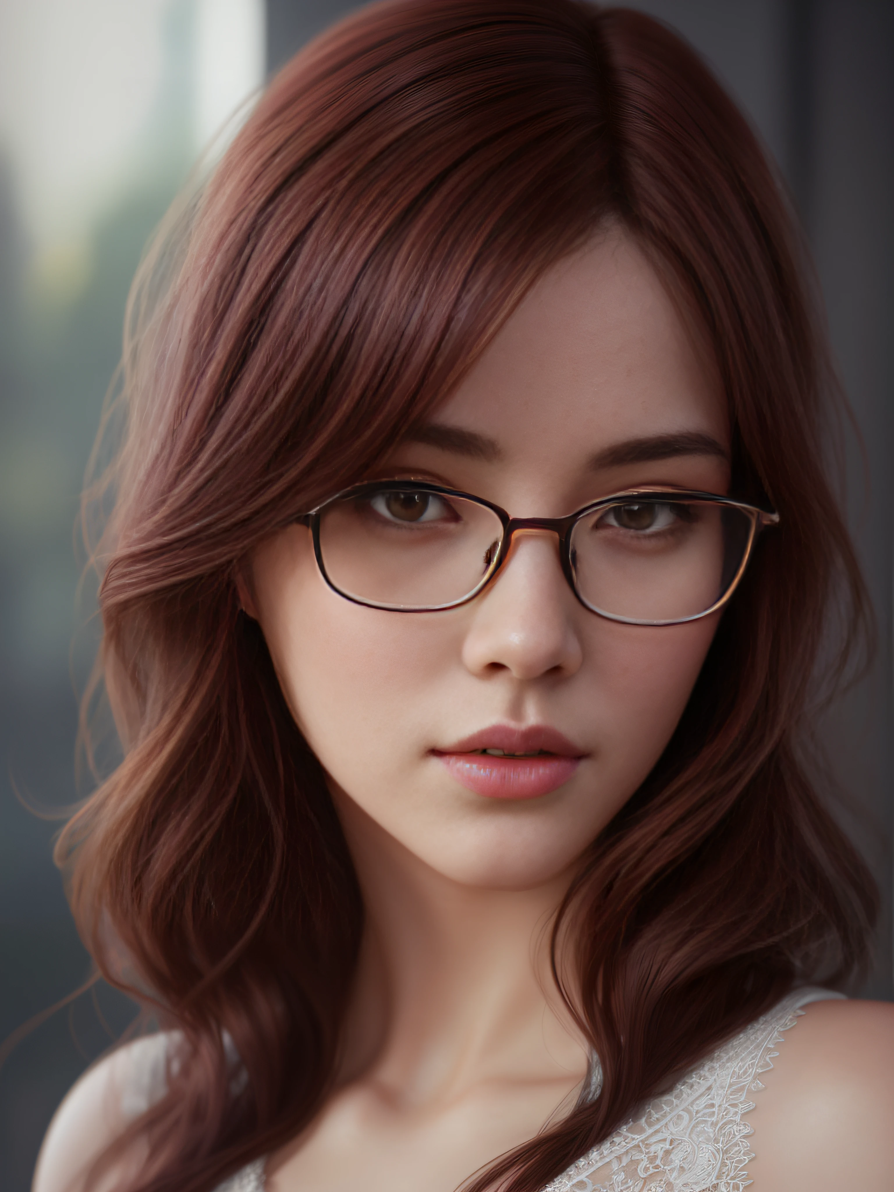Intricate stunning highly detailed girl by artgerm and edouard bisson, dark eyes, long red hair, glasses, full body, soft studio lighting, ultra realistic, photorealistic, octane render, unreal engine, hyper detailed, volumetric lighting, octane render, 4k, 8k.