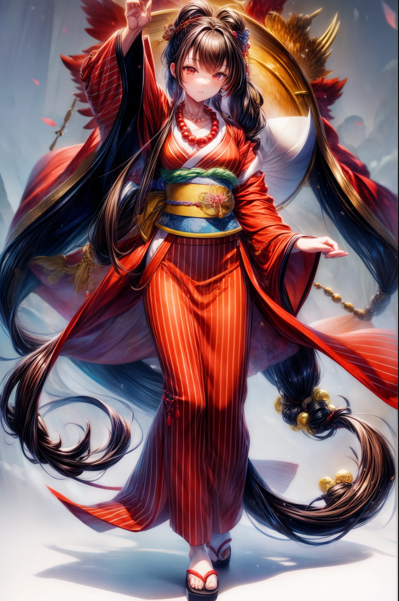 A high resolution, Focus sharp, Pixiv masterpiece, ((Complicated details)), The is very detailed, Anri_Shichika, 1boys, male people, Striped bead necklace, brunette color hair, (Sparrowy hair:1.1), pony tails, Very long hair, Red clothes, Red open clothes, Simple kimono, And also