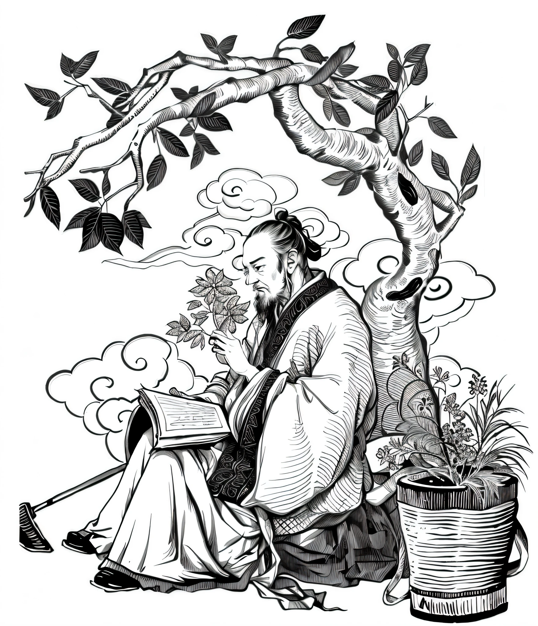 Black and white print of an old Chinese medicine doctor sitting under a tree,wearing a hanfu,Herbs in hand,There is a medical book on the lap,There is a basket on the right side,It's filled with various herbs, There is also a hoe for collecting medicinal herbs on the left side.。