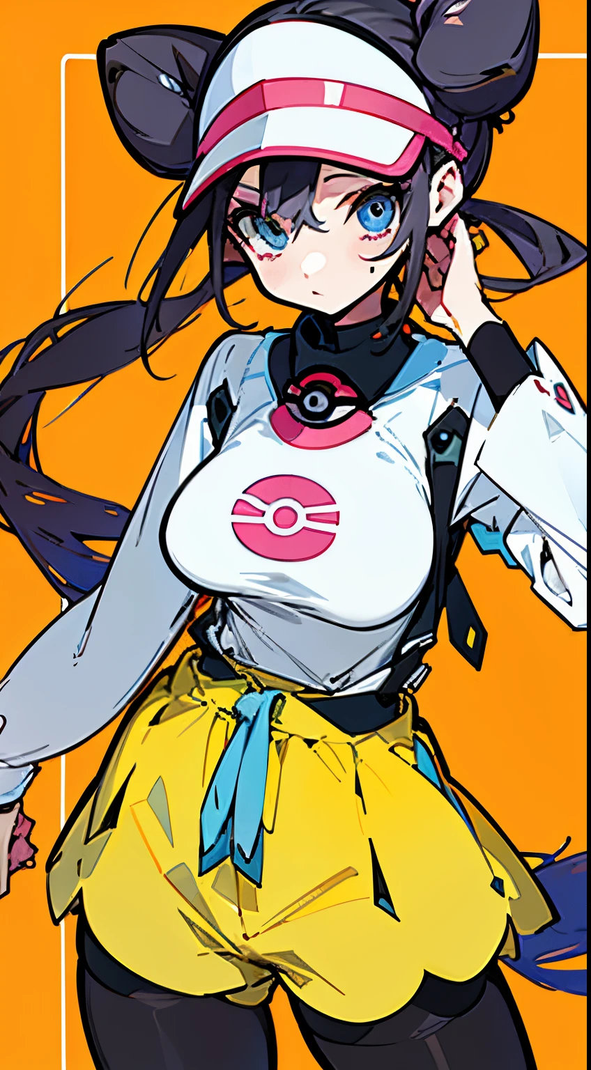 (Best Quality), (masuter piece), (Pokemon female characters、Rosa) (side lights:1.2),  Hair bun, Blue eyes, Twin-tailed, Visor Cap, pantyhose, raglan sleeves, Yellow shorts, The shirt、wrist watch ,(Big Breast)