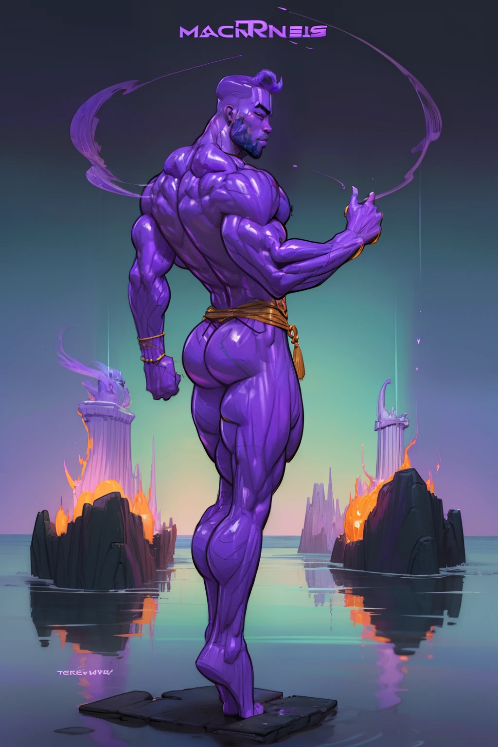 ((backside pose:1.4)), a painting of a (((muscular:1.4))) man with fire Aura, large body of water surrounds man, (looking back at viewer), The God Poseidon, ((thick muscular thighs)), The God of the Sea, gold loincloth, divine, ((colored purple skin)), colored skin, ((purple skin:1.5)),((purple face)), ((purple legs)), ((purple arms)), ((purple feet)), Like an Atlantean, ((no hair)), veiny biceps, chiseled abs, muscular legs, bald head, masterpiece, 8k