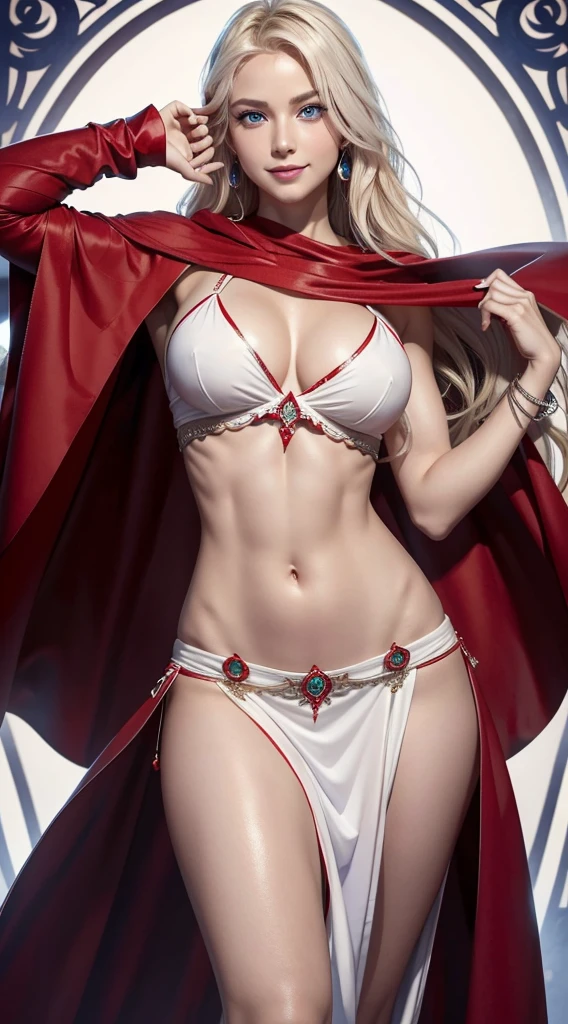 A 23-year-old white woman with unparalleled beauty.、blue eyess、platinum-blonde、White skin、hair is wavy、Longhaire、The ends of the hair are curled upwards、a smile、Wearing a sexy red belly dance dress、dancing belly dance、Detailed art nouveau background、The navel is out、My abs are cracked、Slender yet well-proportioned muscular body、Photorealistic images、8K picture quality、I'm punching my chest、I don't want my head to disappear from the screen.、Wearing accessories on your wrist、wearing red nail polish、uses a bright red cloak