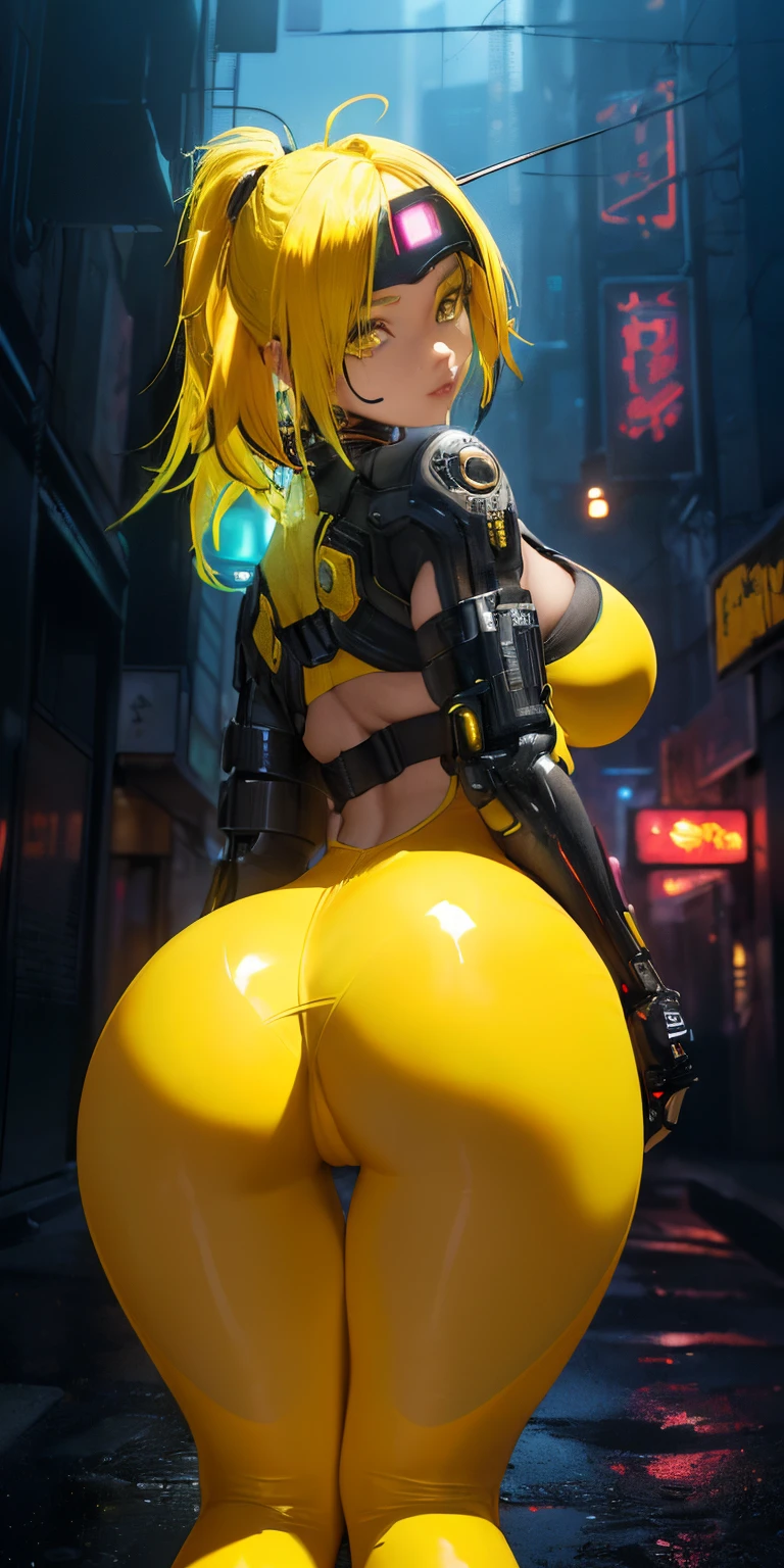 top-quality))、((masterpiece)、Sideways view、cyberpunked、show through、big butts、Kneel、Electronic visor attached to 's face with emphasis on buttocks、red latex body,Cyberpunk Fashion、sexy pose、(She wears transparent yellow leggings on her lower body.....、(yellow hair:1.4),breasts expansion、Neon lights in dark city at night,Unreal Engine:1.4,nffsw,best qualtiy:1.4, Photorealista:1.4, Skin Texture:1.4, masterpiece:1.8,masterpiece, Better Quality,(Beautiful and detailed eyes description)