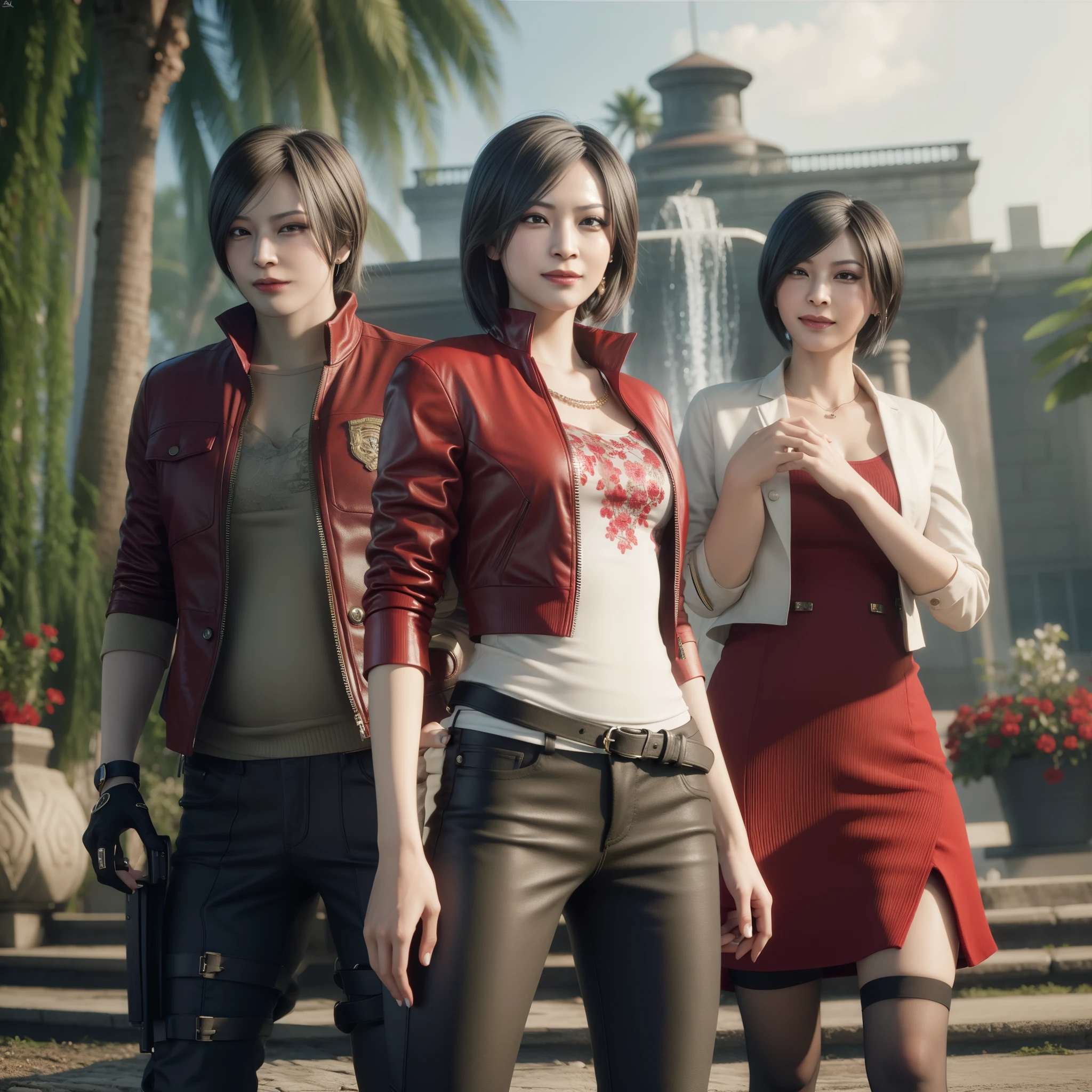 Ada wong ,Woman, wearing red dress, bob hair, Wearing Earrings, red polish, glare, pregnant, happy expression, smiling