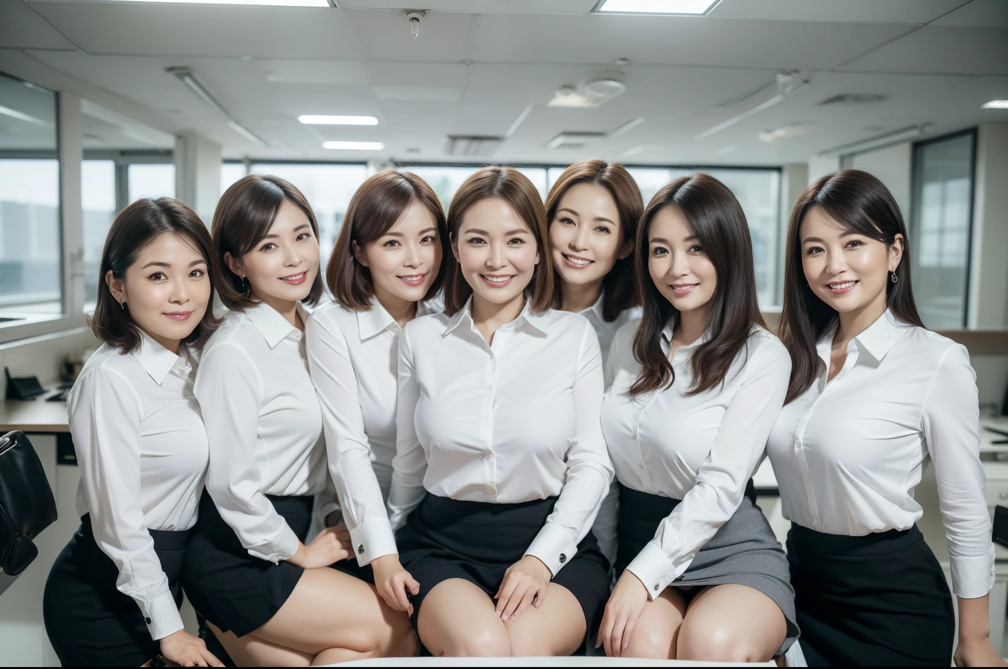 ((Best Quality, 8k, Masterpiecedetails, ultra-high resolution)), (group picture),(looking at the viewer), (full shot:), attractive business 5 milfs, 5 people, a bit chubby:0.25, seductive expression, white collared shirt, grey skirt, (sitting with cross legs on office desks)), smile, office of CEO,