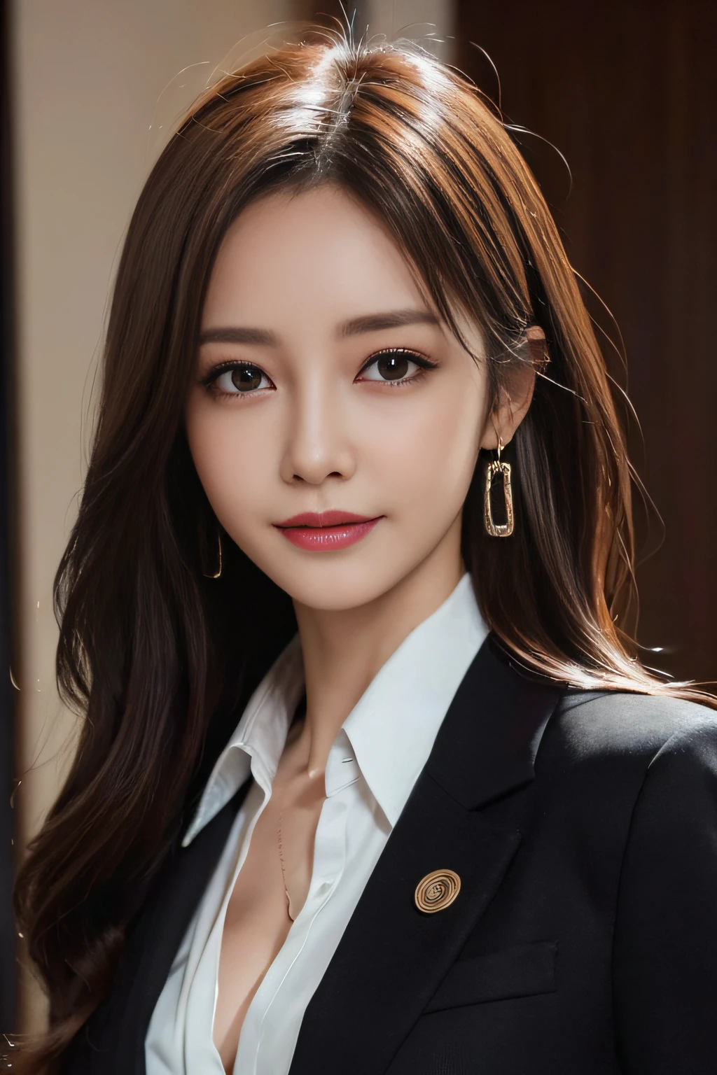masutepiece, Best Quality, Photorealistic, Ultra-detailed, finely detail, High resolution, 8K Wallpaper, 1 beautiful woman,, light brown messy hair, in a business suit, foco nítido, Perfect dynamic composition, Beautiful detailed eyes, detailed hairs, Detailed realistic skin texture, Smiling, Close-up portrait, Model body type